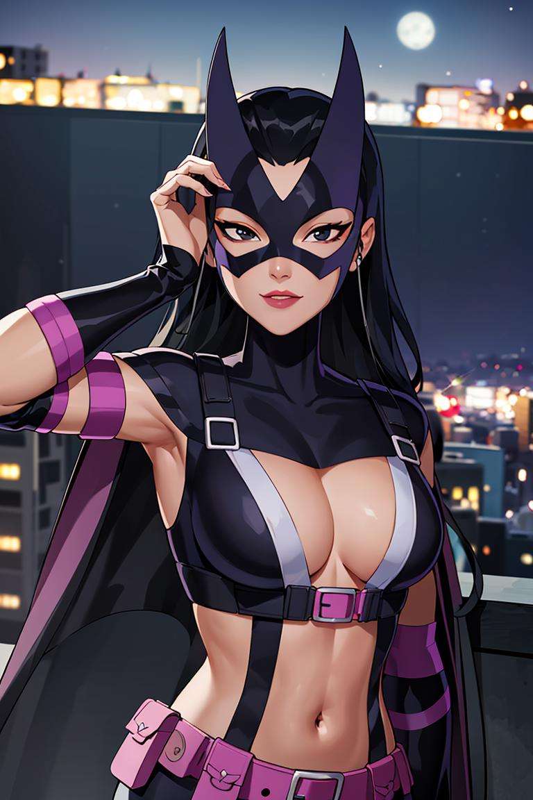 ((masterpiece,best quality)), absurdres,<lora:Huntress_JLU:0.6>, Huntress_JLU, upper body, detailed mask, smug,night sky and city lights in background, cinematic composition,