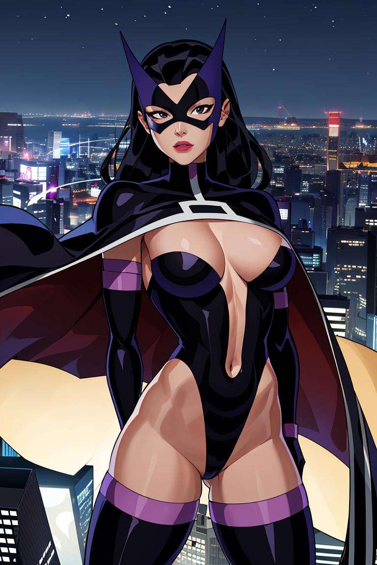 ((masterpiece,best quality)), absurdres,<lora:Huntress_JLU:0.6>, Huntress_JLU, cape, leotard, night sky and city lights in background, cinematic composition, dynamic pose, 