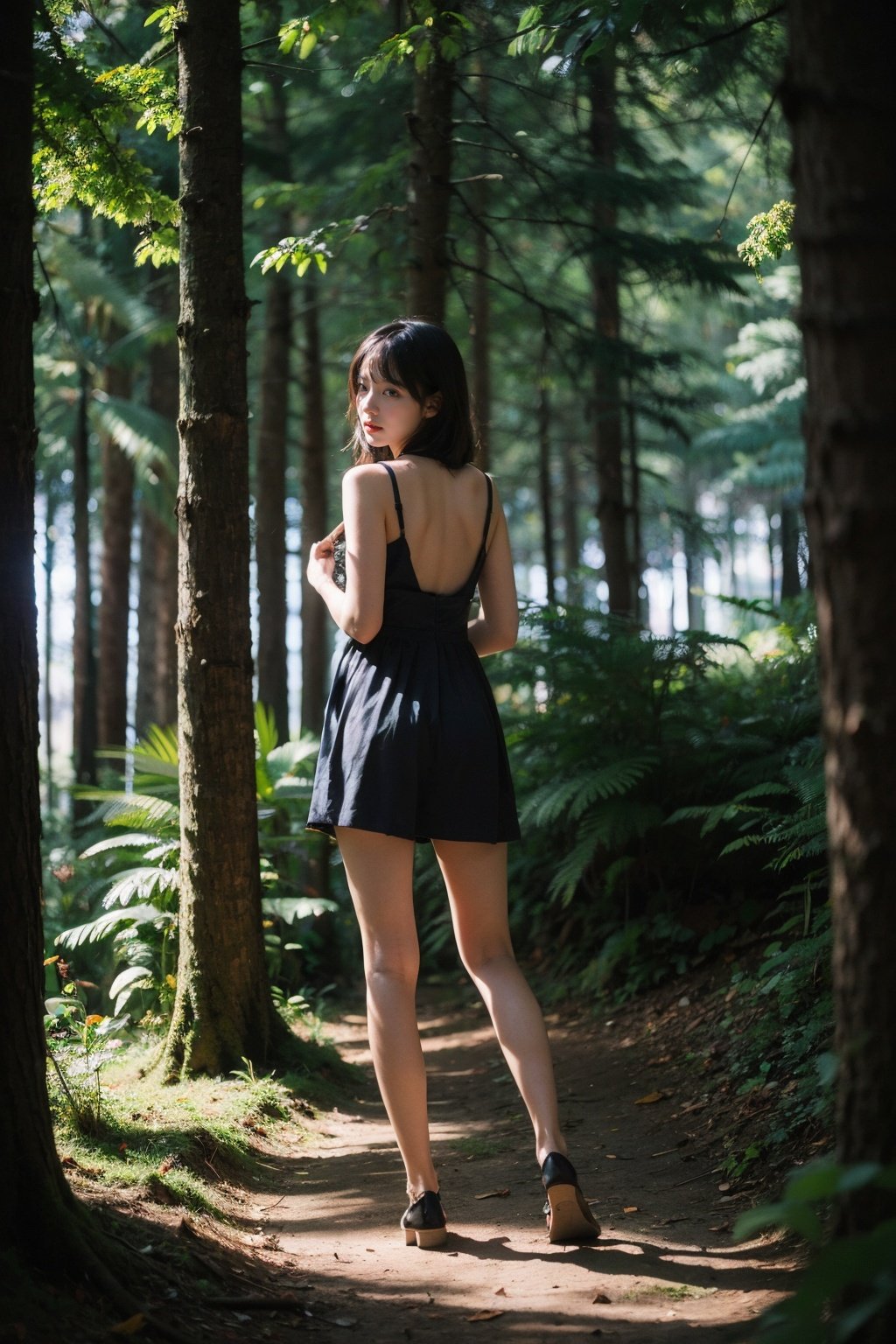 Best Quality,Masterpiece,Ultra High Resolution,(Realisticity:1.4),Original Photo,Cinematic Lighting,1Girl,Cute,full body,forest,backlighting,tindal effect,