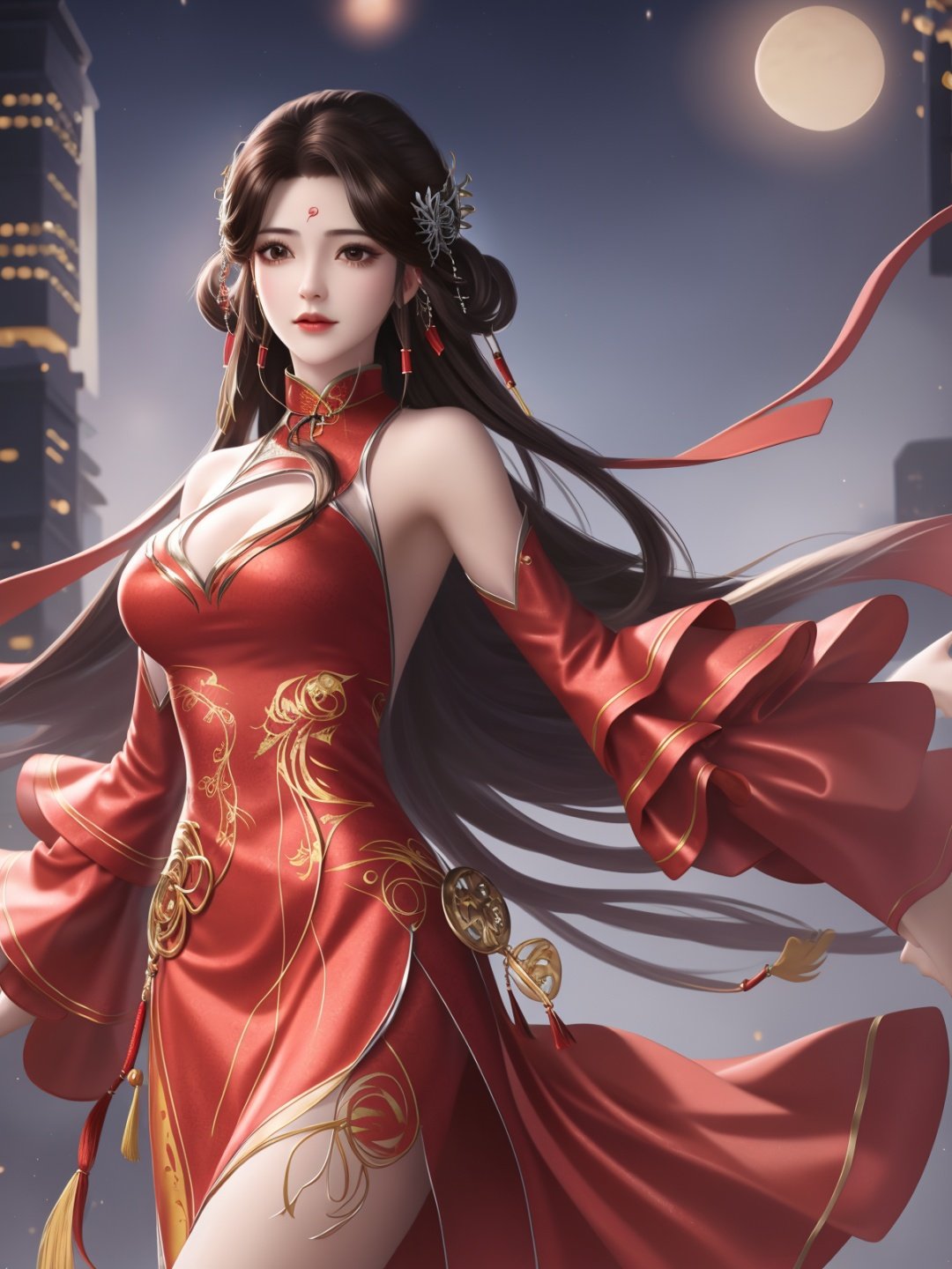 1girl,clothing cutout,dress,bare shoulders,chinese clothes, facial hair, forehead mark, hair ornament, long hair, jewelry, hair rings, cityscape, night, looking at viewer, mature female, brown hair, chinese clothes,see-through,trim, cowboy shot,  <lora:HUOLINGERwmsj_20230723202034:0.75>