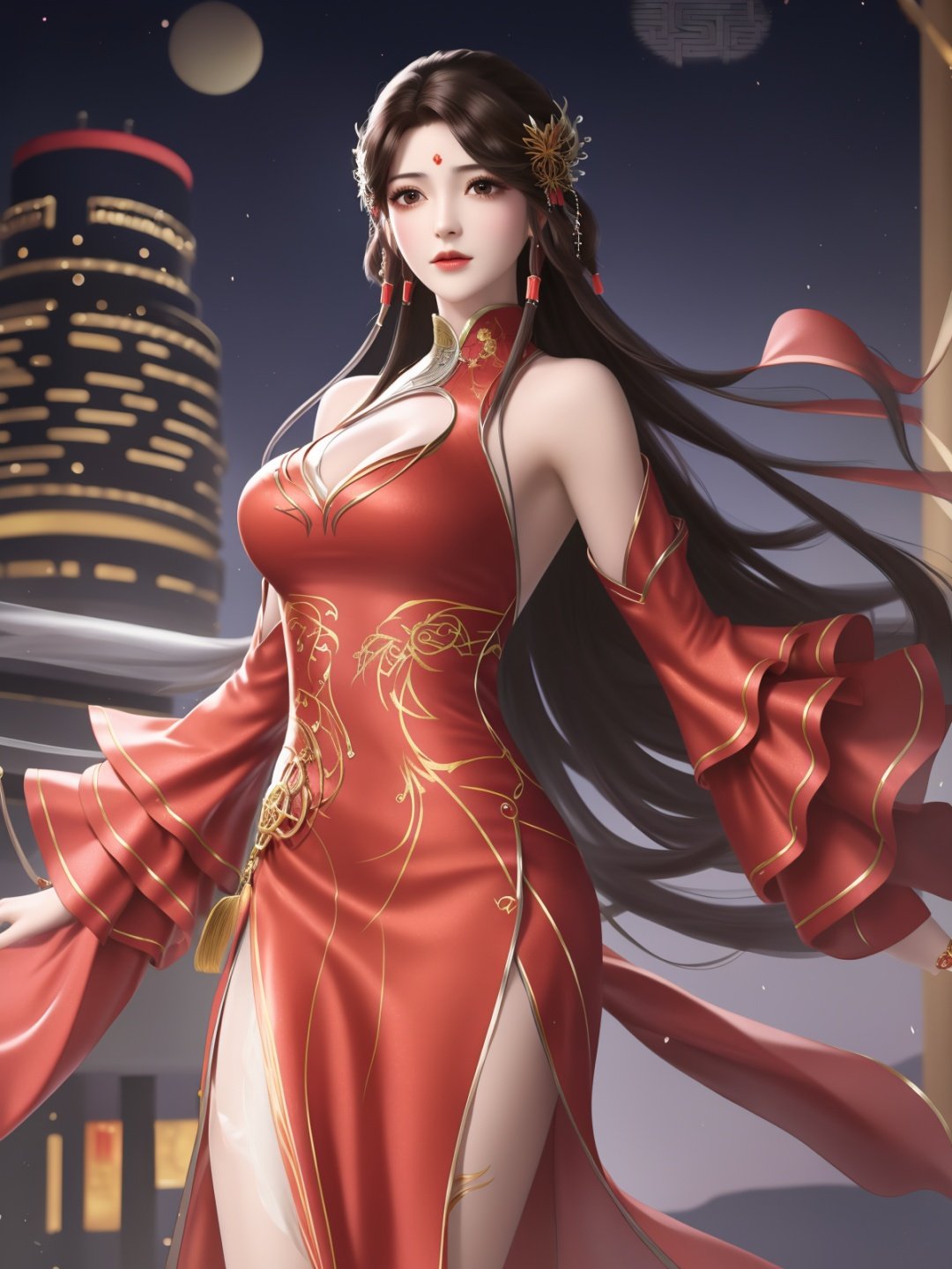 1girl,clothing cutout,dress,bare shoulders,chinese clothes, facial hair, forehead mark, hair ornament, long hair, jewelry, hair rings, cityscape, night, looking at viewer, mature female, brown hair, chinese clothes,see-through,trim, cowboy shot,  <lora:HUOLINGERwmsj_20230723202034:0.75>