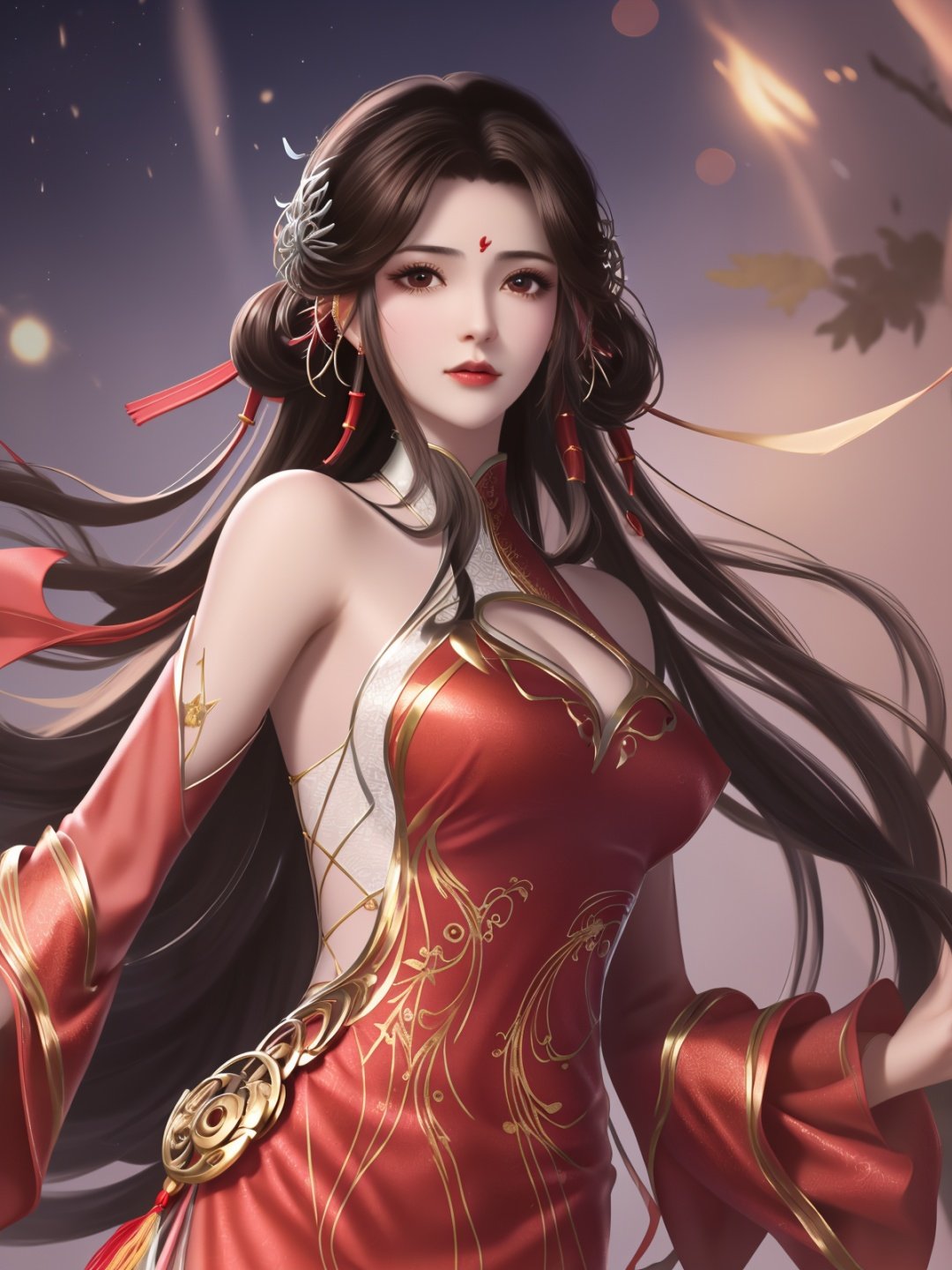 1girl,clothing cutout,dress,bare shoulders,chinese clothes, facial hair, forehead mark, hair ornament, long hair, jewelry, hair rings, cityscape, night, looking at viewer, mature female, brown hair, chinese clothes,see-through,trim, cowboy shot,  <lora:HUOLINGERwmsj_20230723202034:0.8>