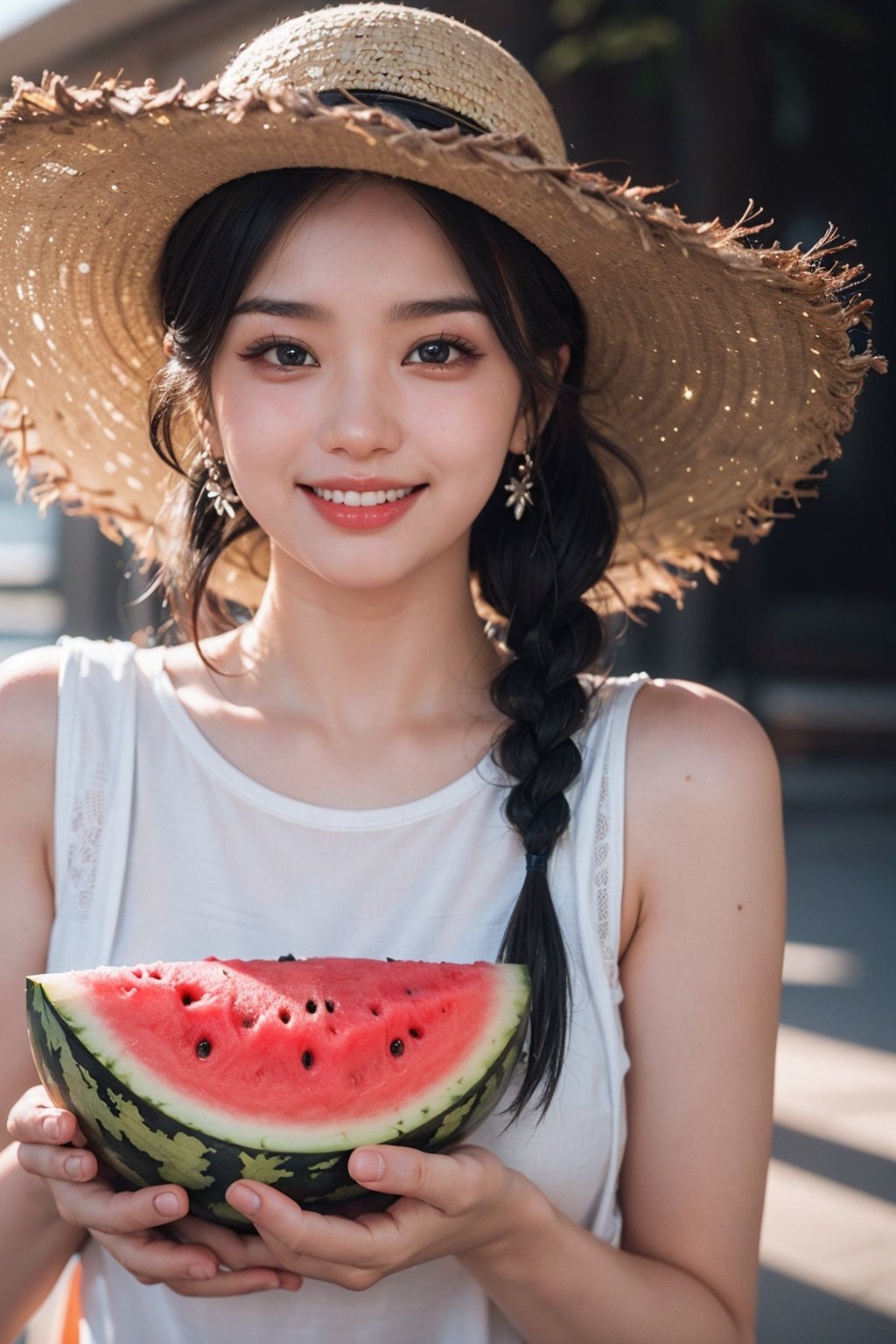 <lora:FaceSizeAdjuster:1.5>,1girl,(face focus:1.3),(happy,smile,teeth:1.2),1girl, (watermelon:1.2), solo, hat, fruit, straw hat, food, striped, braid, holding, twin braids, looking at viewer, overalls, holding food, blurry background, black hair, striped shirt, blurry, holding fruit, upper body, shirt, black eyes, tank top, bangs, twintails, long hair, teeth, realistic, sun hatblack hair,pink_background,sweet atmosphere,love,(PureErosFace_V1:0.8),(ulzzang-6500:0.3),(red lipstick:0.8),(detailed pupils:1.3),(aegyo sal:1),((puffy eyes)),(film_grain:1.4),RAW,highres,(1 girl,solo:1.6),(detailed face:1.2),(gorgeous beautiful cute Korean woman:1.3),(kpop idol, korean beauty, korean mixed),(small head),((perfect eyes)),((perfect face)),(details:1.4),(high detailed skin:1.2),(extremely detailed CG unity 8k wallpaper),photo of the most beautiful artwork in the world,trending on ArtStation,trending on CGSociety,Intricate,High Detail,Sharp focus,dramatic,volumetric lighting,rim lighting,two tone lighting,cinematiclighting,rim lighting,light particles,sunlight,