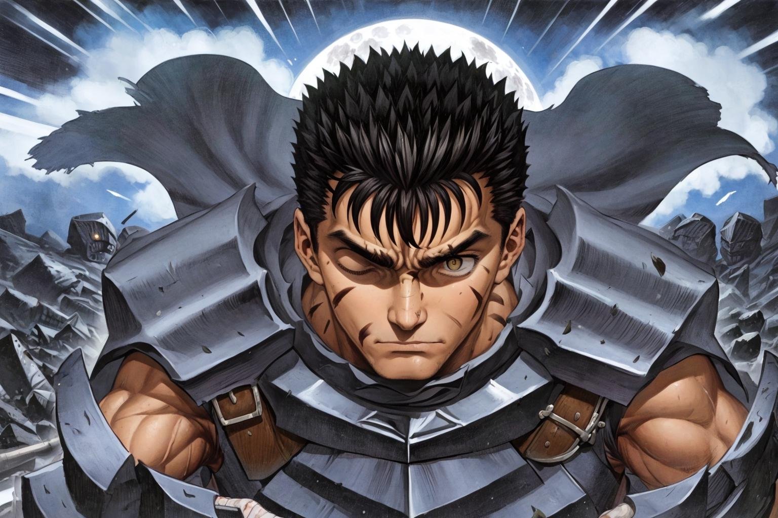 masterpiece, best quality, highly detailed, guts \(berserk\), (chibi),  dynamic angle, from above, running fighting stance, attack battle form, floating debris dust stones winds,armor,  one eye closed, scar, bandages, black hair, cape, male focus, manly, holding sword, huge sword, holding, traditional media, weapon, full moon