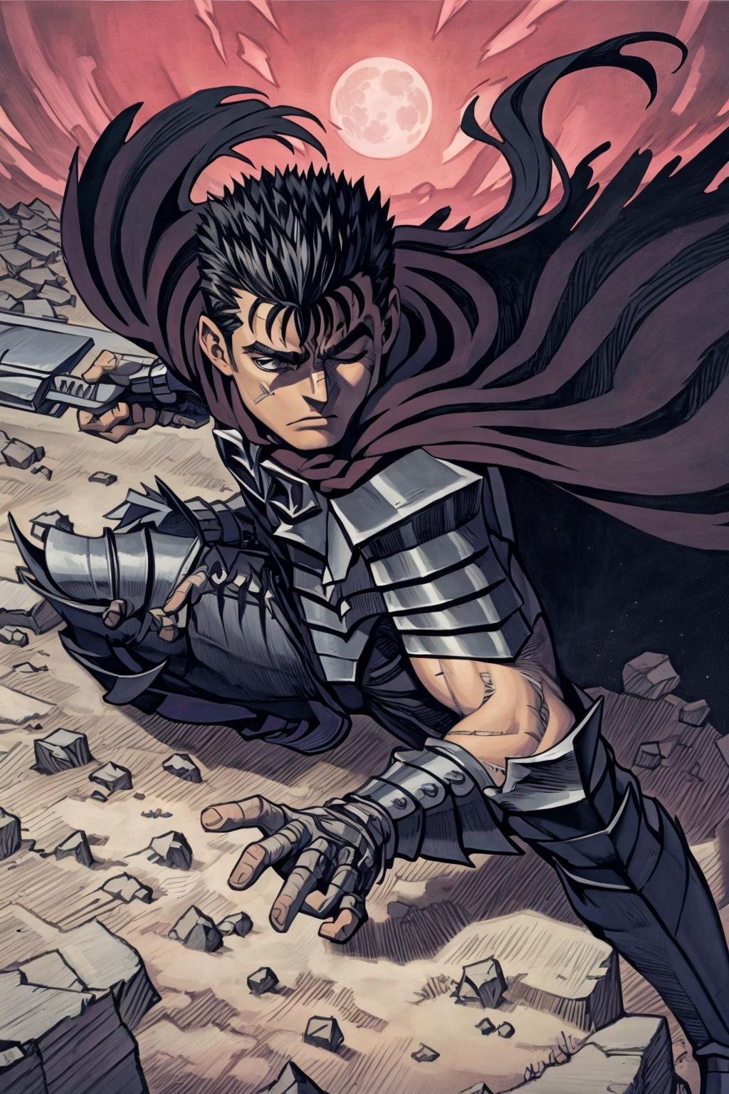 masterpiece, best quality, ultra-detailed, illustration, guts \(berserk\), solo,  dynamic angle, from above, running fighting stance, attack battle form, floating debris dust stones winds,armor,  one eye closed, scar, bandages, black hair, cape, male focus, manly, traditional media, weapon, full moon