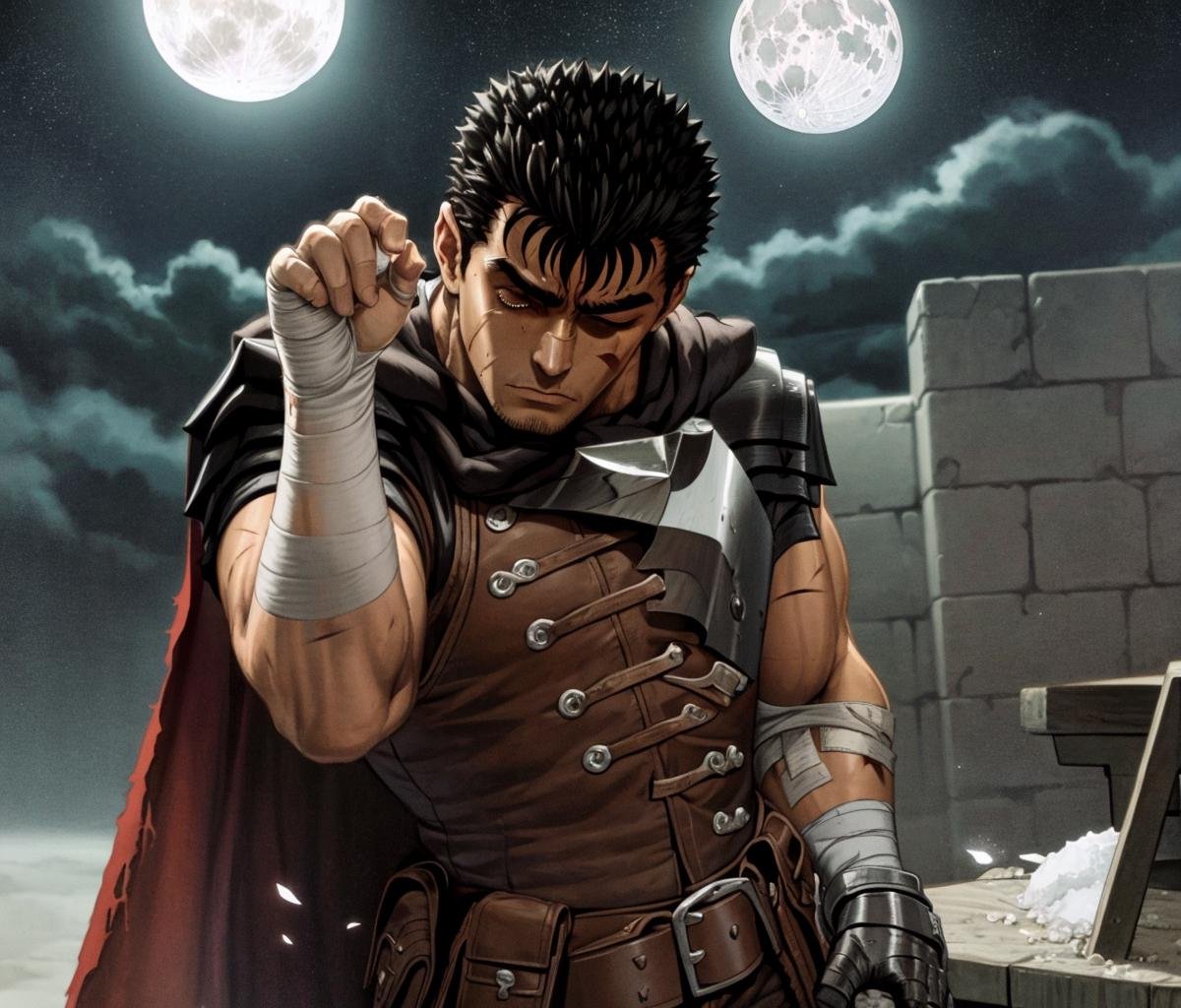 masterpiece, best quality, highly detailed, guts \(berserk\), 1boy, armor, bandages, black hair, cape, full moon, male focus, manly, moon, one eye closed, scar, solo, (salt bae pose)