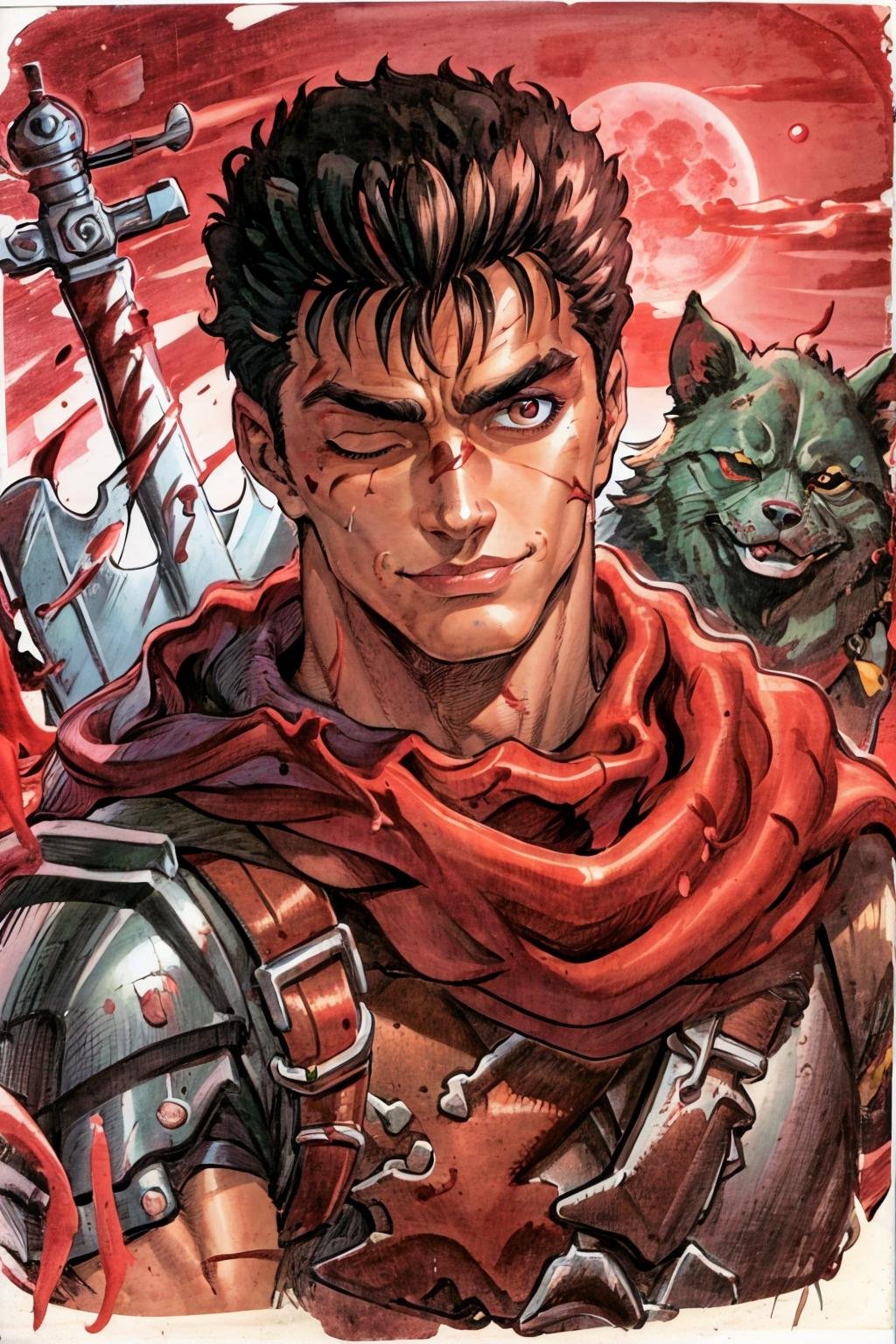portrait of guts \(berserk\), 1boy, black hair, smiling, teeth, closed mouth, looking at viewer, male focus, one eye closed, red background, scar, scar on face, scar on nose, scarf, short hair, solo, upper body, weapon on back, blood moon, red night, sword on back, traditional media