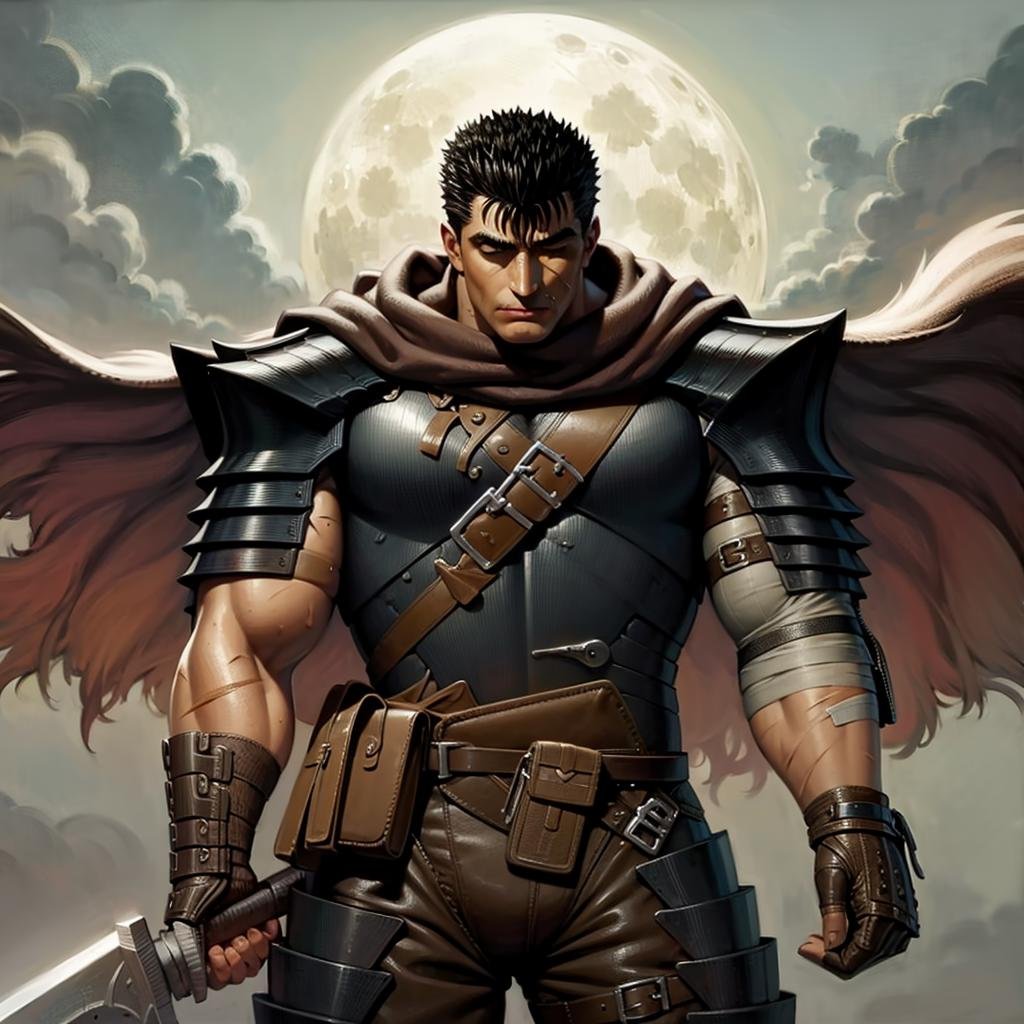 masterpiece, best quality, highly detailed, guts \(berserk\), 1boy, armor, bandages, black hair, cape, full moon, huge weapon, male focus, manly, moon, multicolored hair, one eye closed, scar, solo, sword, weapon, white hair