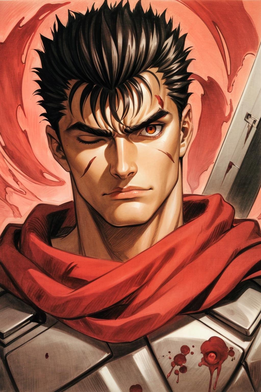 portrait of guts \(berserk\), 1boy, black hair, angry, scream, yeeling, closed mouth, looking at viewer, male focus, one eye closed, red background, scar, scar on face, scar on nose, scarf, short hair, solo, upper body, weapon on back, blood moon, red night,  traditional media