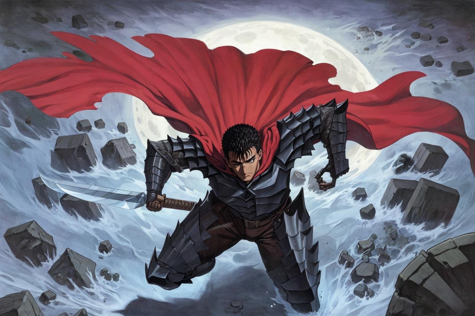 masterpiece, best quality, highly detailed, guts \(berserk\), 1boy, solo,  dynamic angle, from above, running fighting stance, attack battle form, floating debris dust stones winds,armor,  one eye closed, scar, bandages, black hair, cape, male focus, manly, holding sword, huge sword, holding, traditional media, weapon, full moon