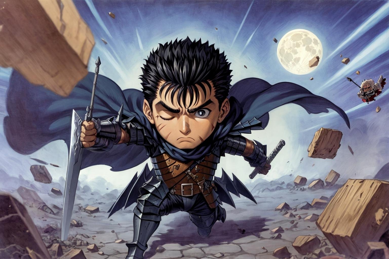 masterpiece, best quality, highly detailed, guts \(berserk\), (chibi:1.3),  dynamic angle, from above, running fighting stance, attack battle form, floating debris dust stones winds,armor,  one eye closed, scar, bandages, black hair, cape, male focus, manly, holding sword, huge sword, holding, traditional media, weapon, full moon