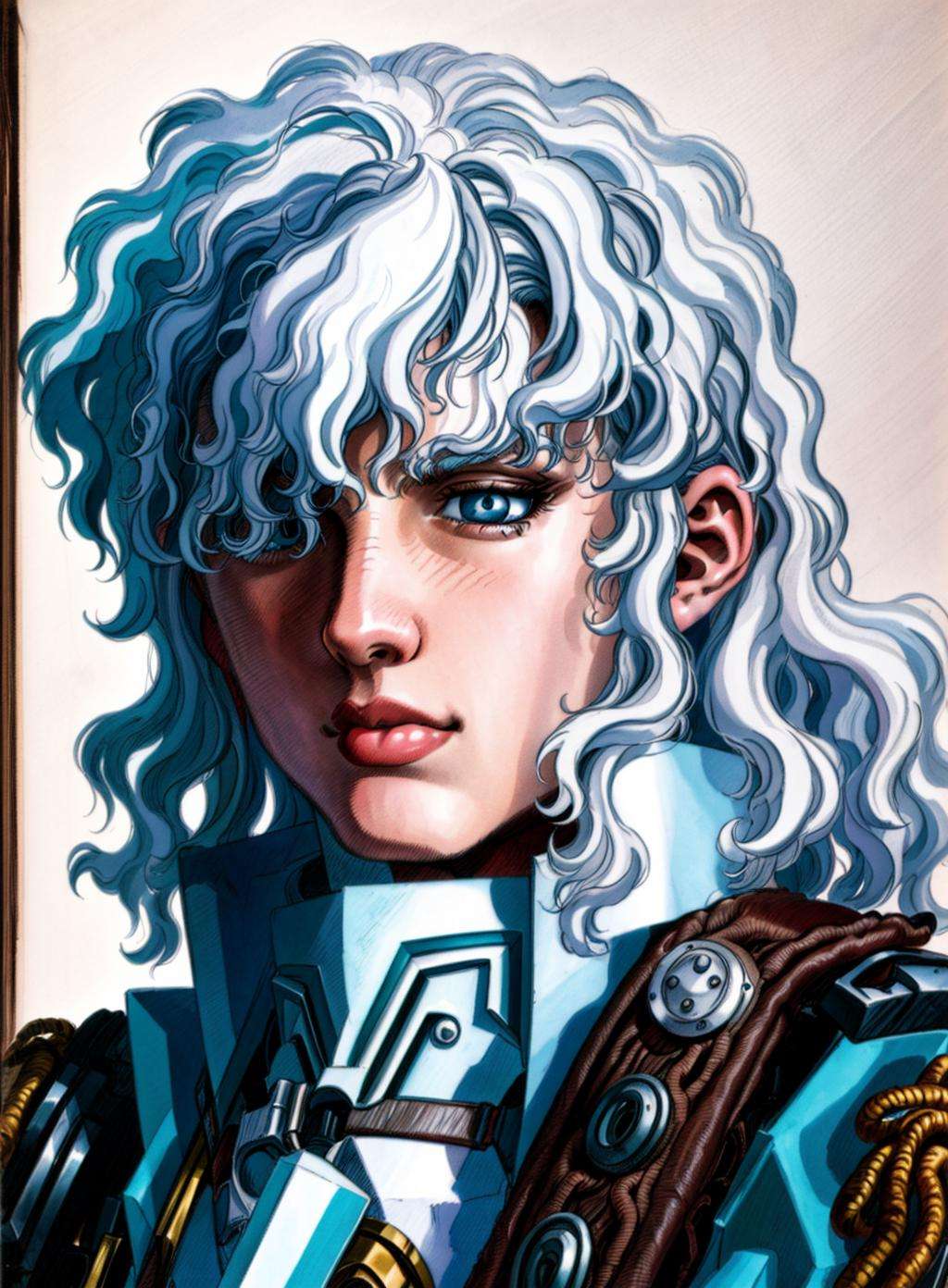 masterpiece, best quality, hires, 1990s \(style\), 1boy, androgynous, blue eyes, epaulettes, hair over one eye, long hair, male focus, painting \(medium\), retro artstyle, solo, traditional media, wavy hair, white hair, toned paper