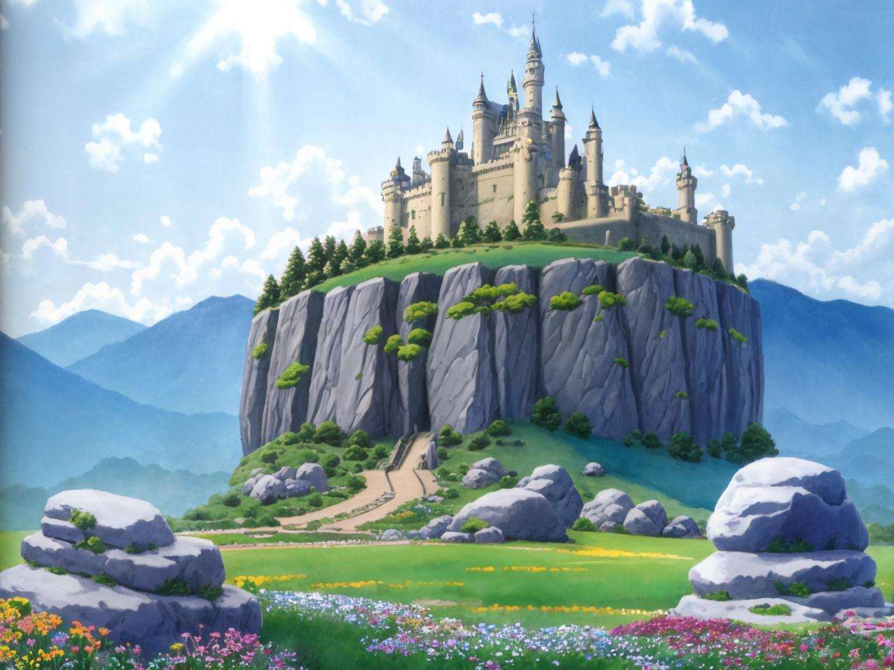 grand landscape, castle on the hill, boulders, stone, grass, adventure, flowers, fantasy|science fiction, sunbeam, blue_skies, golden  hour, sublime, idyllic, extremely detailed, absurdres, masterpiece, watercolor