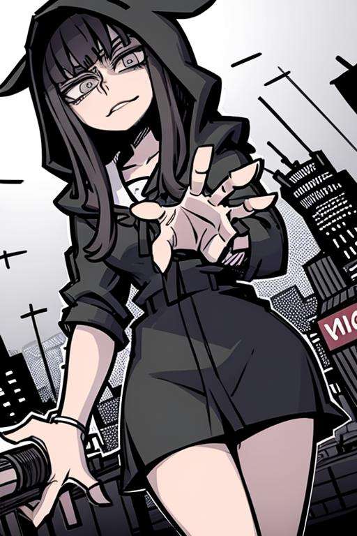 masterpiece, best quality, highly detailed,  shoka \(twewy\), 1girl, animal hood, black hoodie, grey eyes, black hair, city background, thick lineart  <lora:Shoka_08:0.6>  <lora:VanripArt_05:1>