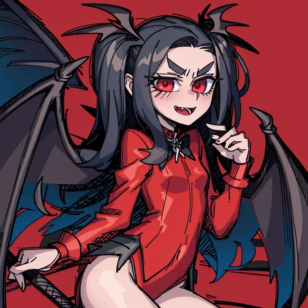 masterpiece, woman with middle part hair and red eyes, devil girl, six wings, bat wings, (black hair)  <lora:VanripArt_05:1>