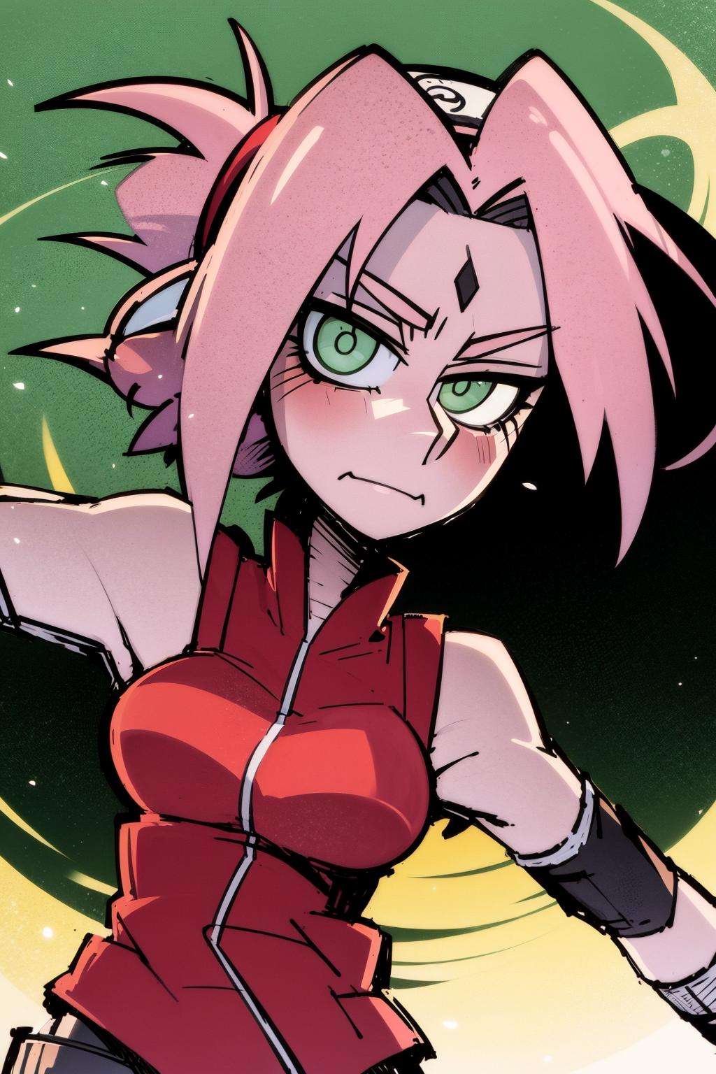 masterpiece, best quality,  1girl, haruno sakura, naruto \(series\), naruto shippuuden, konohagakure symbol, forehead mark, bangs, breasts, closed mouth, elbow sleeve, eyes visible through hair, floating hair, forehead protector, foreshortening, green eyes, hair intakes, hairband, looking at viewer, parted bangs, pink hair, shirt  <lora:harunoSakuraNaruto_lykonV1:0.7>  <lora:VanripArt_05:1>