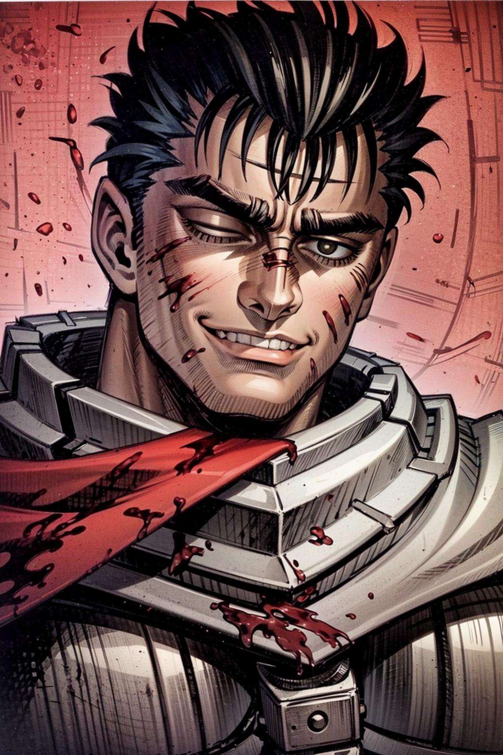 portrait of guts \(berserk\), 1boy, black hair, smiling, teeth, closed mouth, looking at viewer, male focus, one eye closed, red background, scar, scar on face, scar on nose, scarf, short hair, solo, upper body, weapon on back, blood moon, red night, sword on back, traditional media  <lora:Guts_08:0.65>   <lora:VanripArt_05:1>