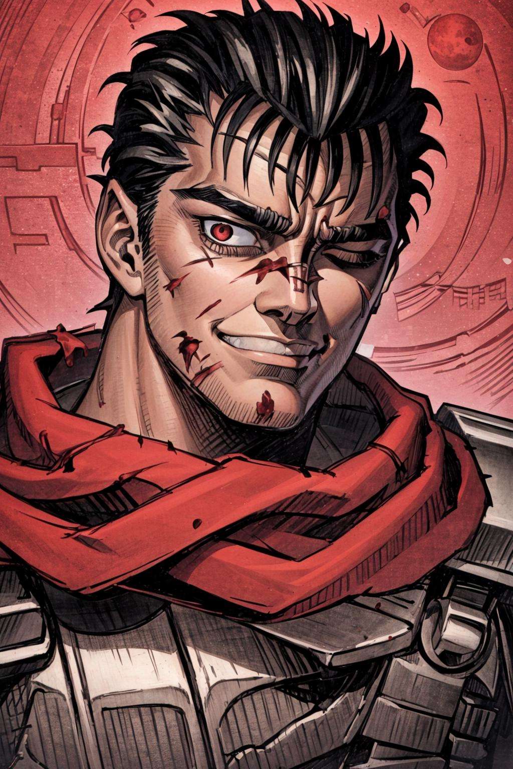 portrait of guts \(berserk\), 1boy, black hair, smiling, teeth, closed mouth, looking at viewer, male focus, one eye closed, red background, scar, scar on face, scar on nose, scarf, short hair, solo, upper body, weapon on back, blood moon, red night, sword on back, traditional media  <lora:Guts_08:0.65>   <lora:VanripArt_05:1>