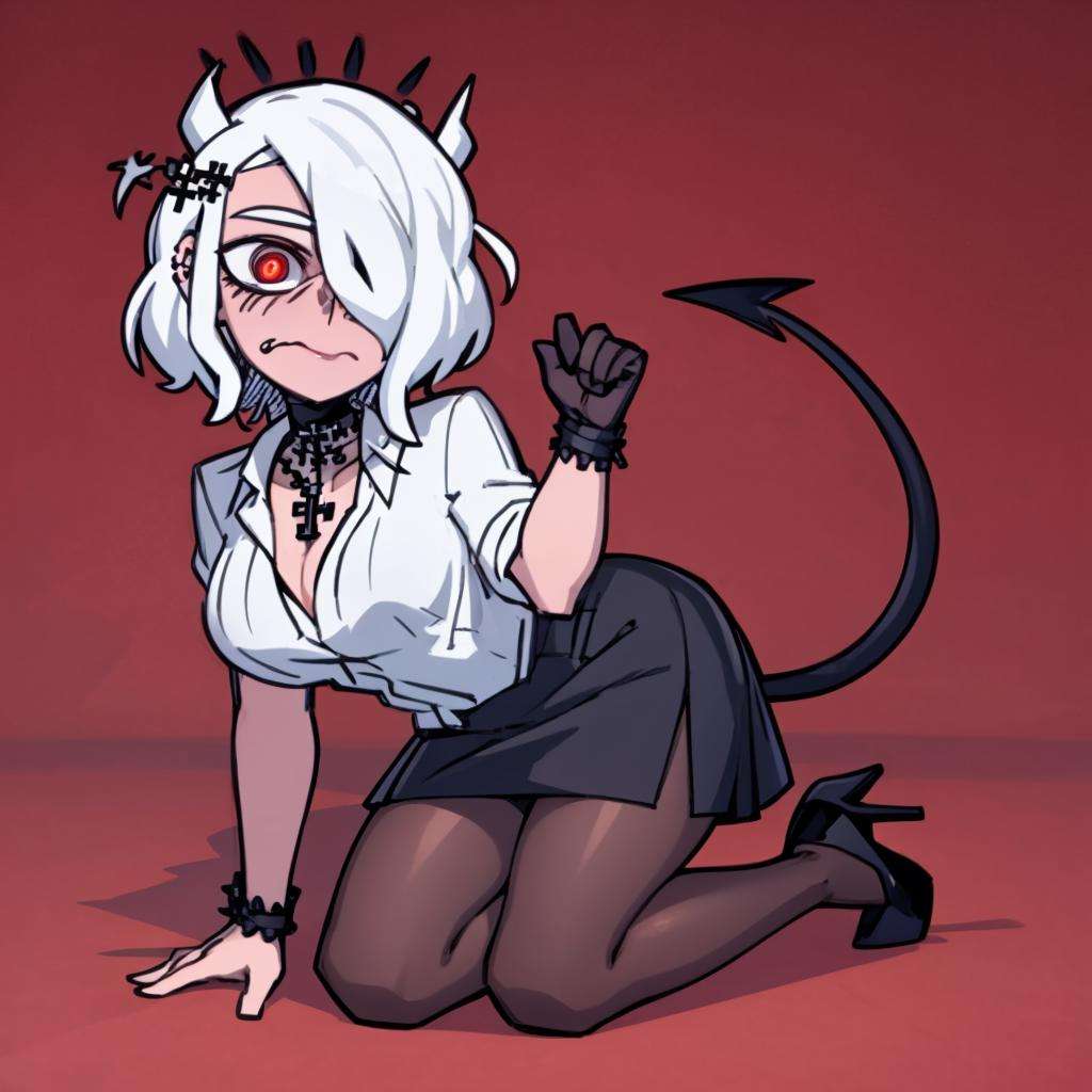 masterpiece, best quality, zdrada \(helltaker\), horns, white hair, demon girl, 1girl, full body, secretary outfit, black skirt, pantyhose, white shirt, heels, demon horns, breasts, red eyes, short hair, black horns, hair over one eye, piercing, jewelry, tail, demon tail, cross, choker, lip piercing, necklace, large breasts, cross necklace  <lora:VanripArt_05:1>