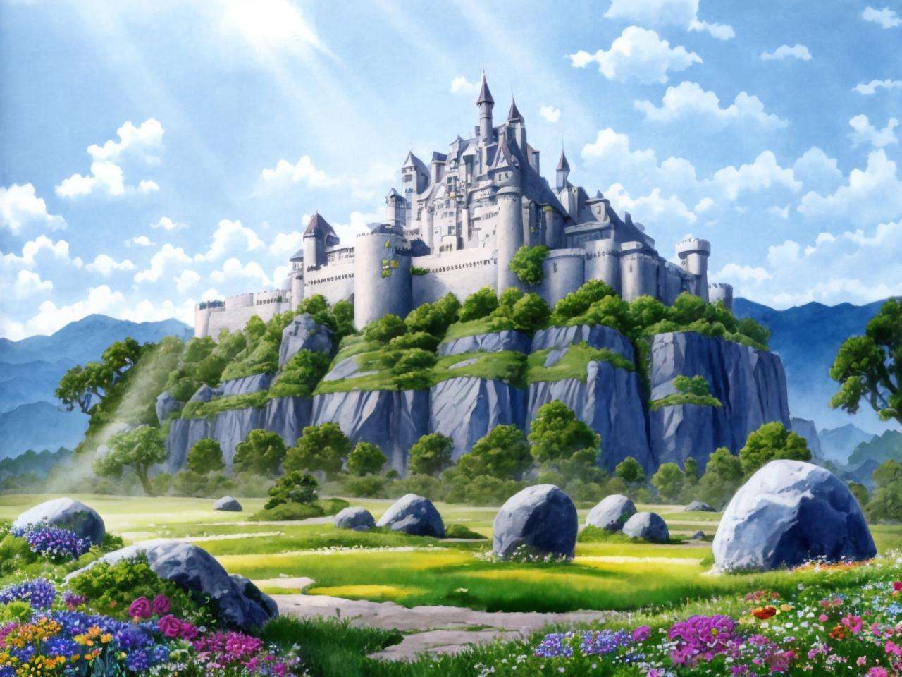 grand landscape, castle on the hill, boulders, stone, grass, adventure, flowers, fantasy|science fiction, sunbeam, blue_skies, golden  hour, sublime, idyllic, extremely detailed, absurdres, masterpiece, watercolor