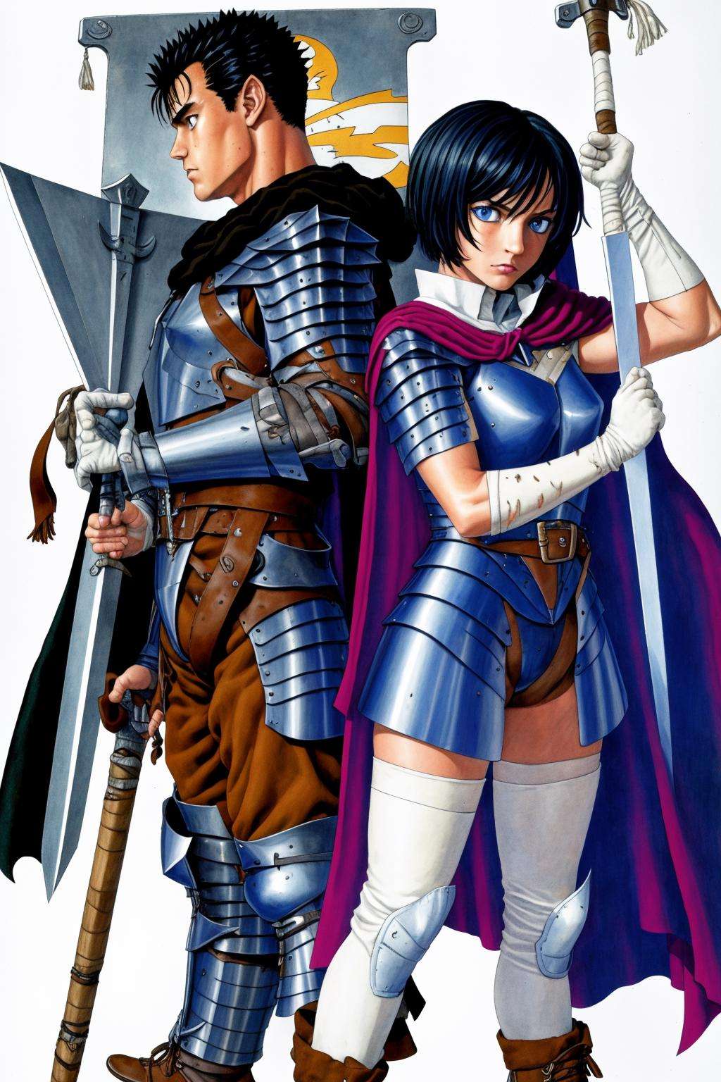 masterpiece, best quality, highres, highest quality, absurdres, 1boy, 1girl, armor, back-to-back, black hair, blue eyes, boots, brown hair, cape, gloves, guts \(berserk\), holding, scar, shield, short hair, sword, thighhighs, weapon, white background, traditional media