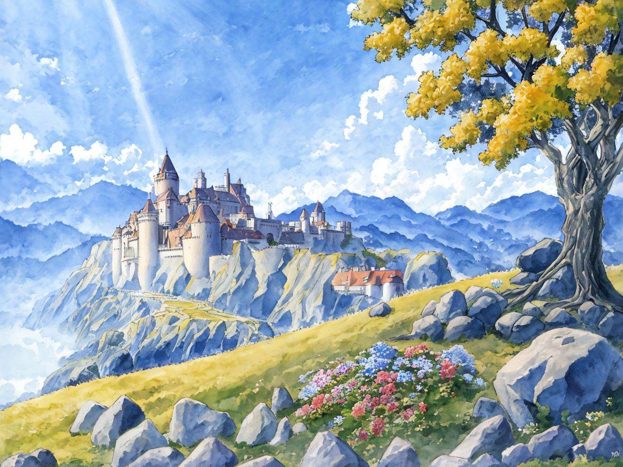 grand landscape, castle on the hill, boulders, stone, grass, adventure, flowers, fantasy|science fiction, sunbeam, blue_skies, golden  hour, sublime, idyllic, extremely detailed, absurdres, masterpiece, watercolor 