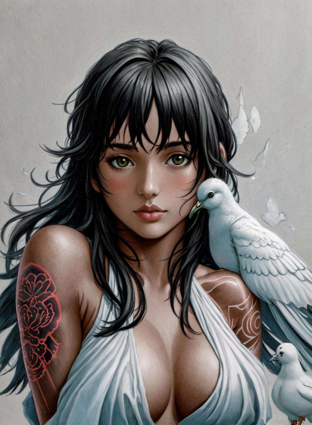 masterpiece, best quality, hires, portrait girl hugging a dove on her breasts, 1girl, bird, black hair, tane skin, breasts, lips, long hair, simple background, solo, tattoo, upper body, white background, traditional media, toned paper