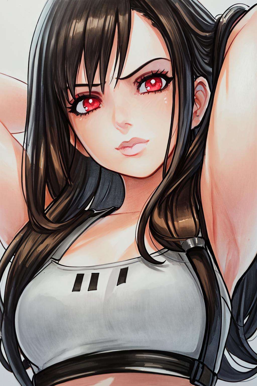 masterpiece, best quality, highly detailed, portrait of tifa lockhart,  1girl, armpits, arms behind head, arms up, asymmetric, view from above , marker \(medium\), traditional media, simple background   <lora:OmarDogan_08v2:1>