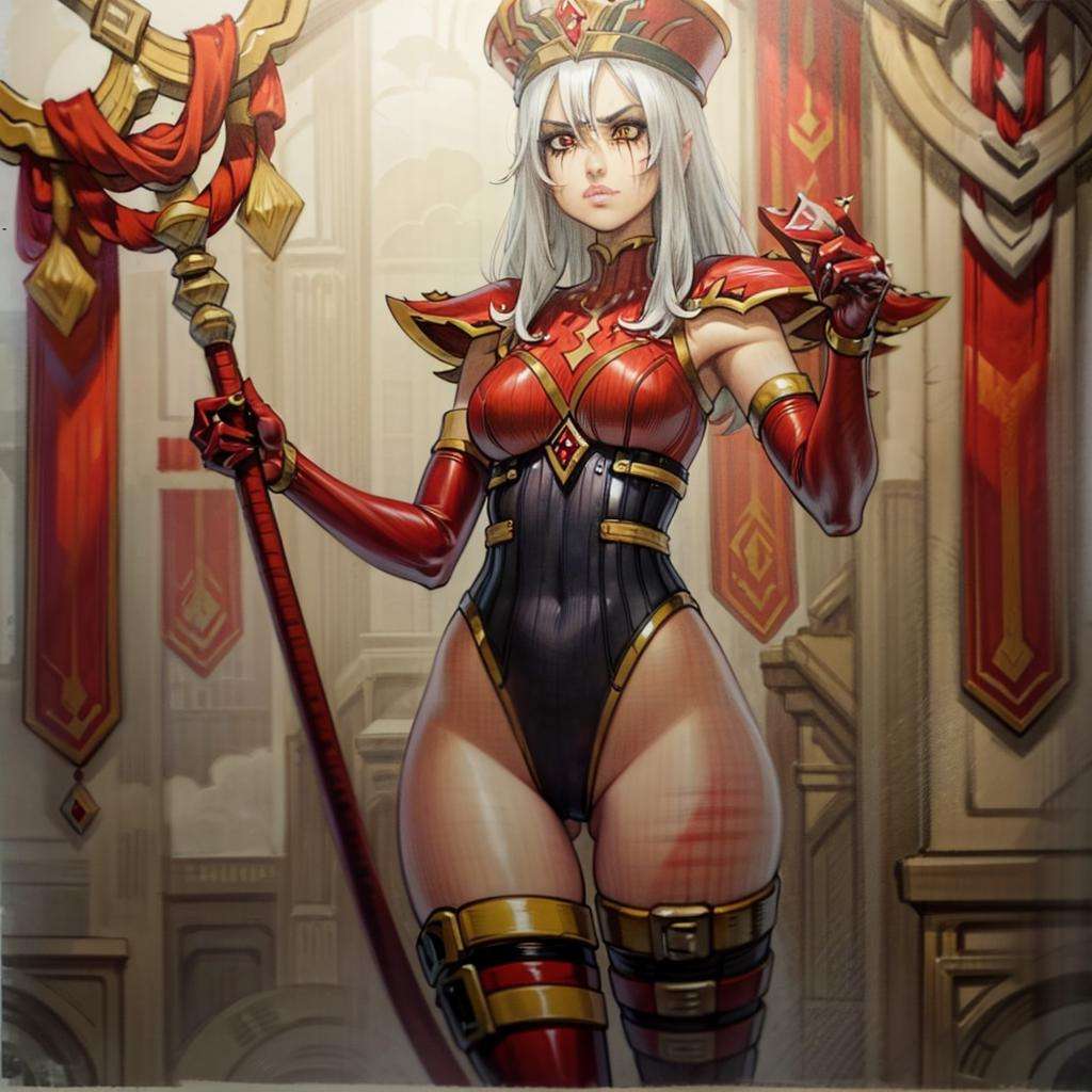 masterpiece, highres, red background, game character portrait, black background, masterpiece, 1girl, minaba hideo, sally whitemane, leotard, thighhighs, elbow gloves, runny makeup, pelvic curtain, holding staff, red tabard, full body, marker \(medium\), traditional media   <lora:OmarDogan_08v2:0.9>  <lora:SWhitemane8:0.8>