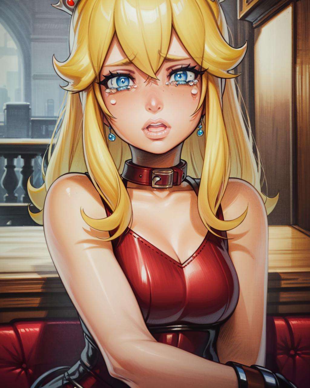 masterpiece, best quality, Princess Peach,(best shadow),1girl,blue eyes, blonde hair, tears, leather collar,steamy,looking at viewer,expressive eyes, marker \(medium\), traditional media  <lora:OmarDogan_08v2:1>