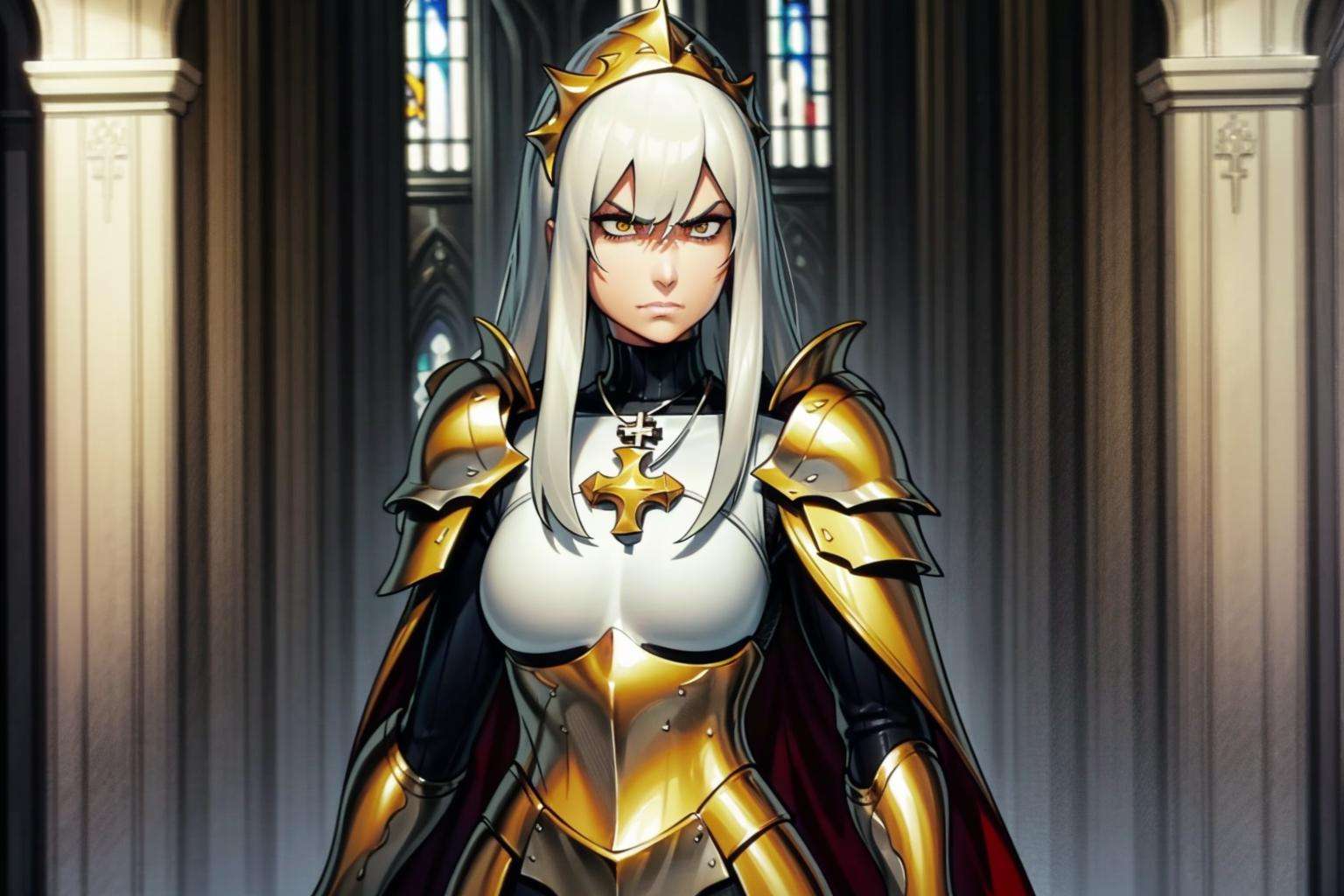 masterpiece, best quality, hd,  highres, (1 mature adult woman), solo, sun ray, (church), mature, adult, sharp eyes, paladin girl,  golden revealing armor, (eyes partially closed:0.2), medium breasts, (long messy white hair), serious expression,  white cape, body plate armor, cross necklace  <lora:OmarDogan_08v2:1>