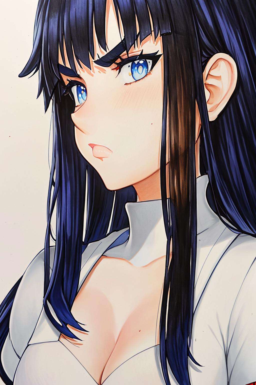 masterpiece, best quality, highly detailed, portrait of (kiryuuin satsuki),  1girl, junketsu, blue eyes, cleavage, cleavage cutout, thick eyebrows, asymmetric, view from side, marker \(medium\), traditional media, simple background   <lora:OmarDogan_08v2:1>