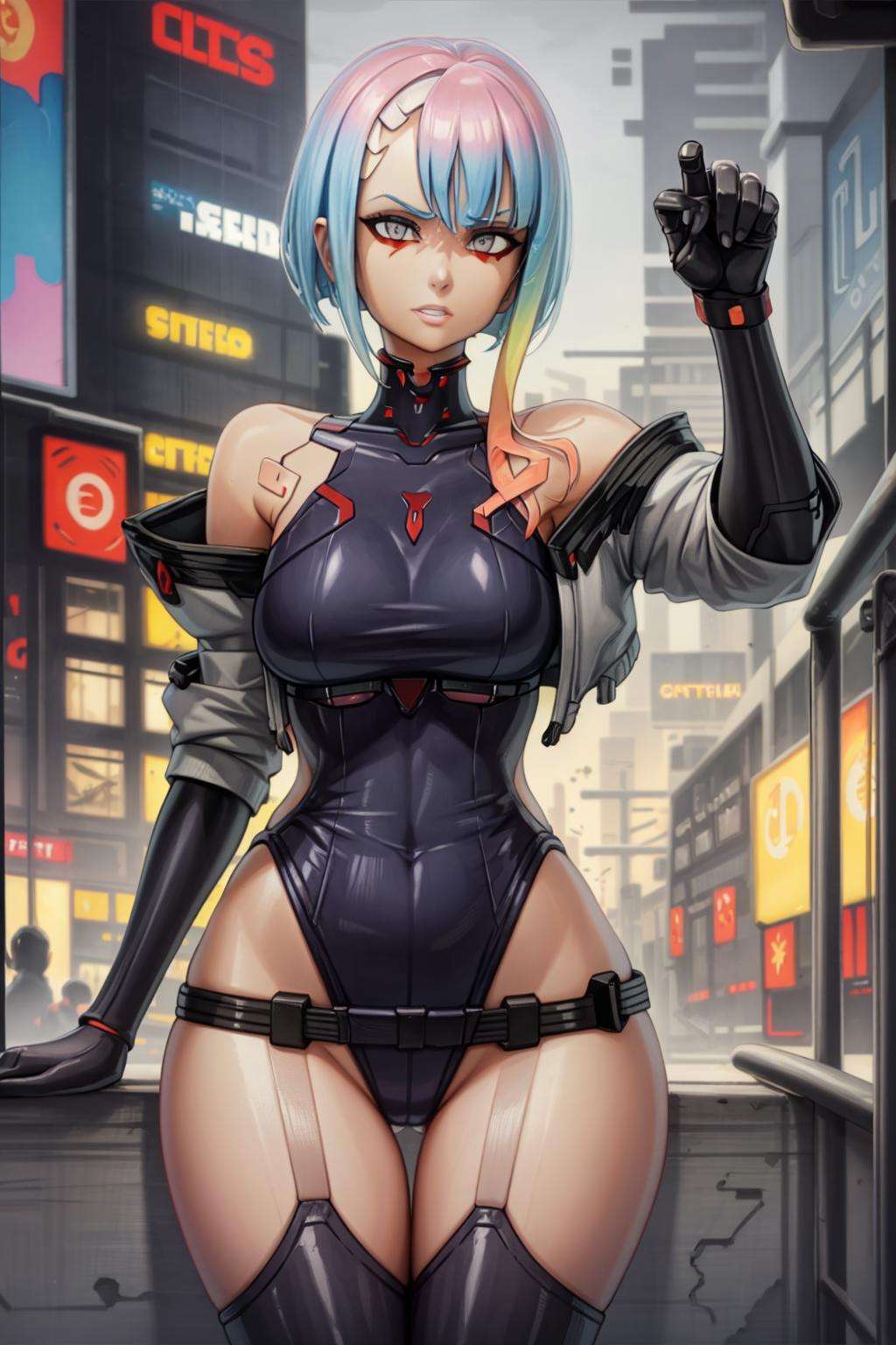 portrait of lucyna, multicolored hair, cropped jacket, bare shoulders, leotard, parted bangs, bob cut, multicolored eyes, blunt ends, cyborg, short hair, highleg, parted bangs, off shoulder, bare shoulders, facepaint,fishnet, garter belt, gloves, navel, bare shoulders, black thighhighs,  elbow gloves, knee boots,  thigh gap, (cyberpunk city:1.3), (skindentation)  <lora:lucyna_v2:1>  <lora:OmarDogan_08v2:1>