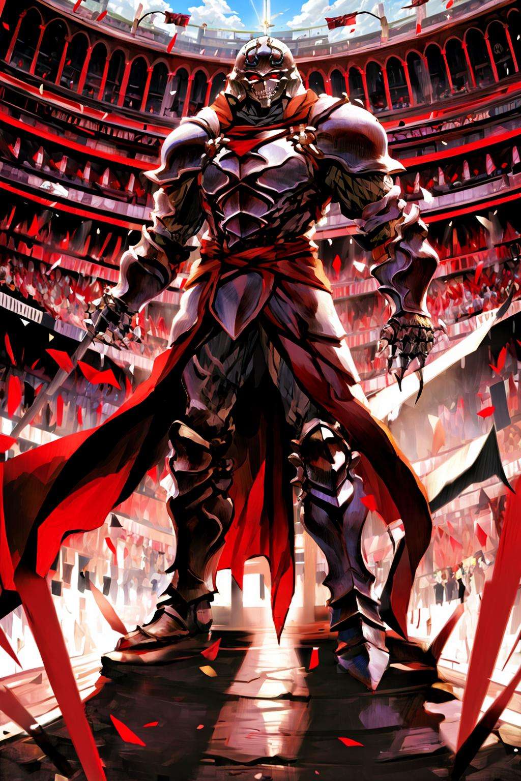 masterpiece, best quality, skeleton warrior, armor, gauntlets, helmet, red eyes, glowing eyes, sky, solo, colosseum background, crowd, spectators