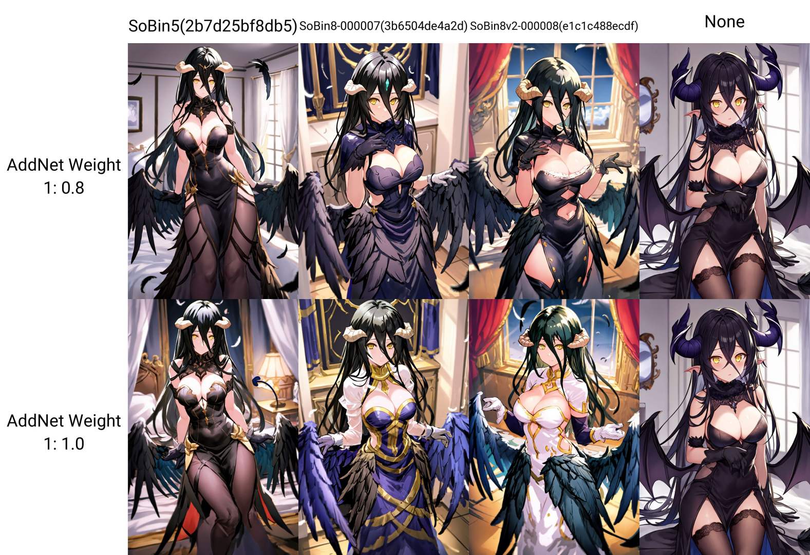 masterpiece, best quality, 1girl, albedo \(overlord\), black feathers, black hair, black wings, breasts, cleavage, demon girl, white horns, dress, feathered wings, feathers, gloves, hair between eyes, looking at viewer, low wings, yellow eyes, bedroom background