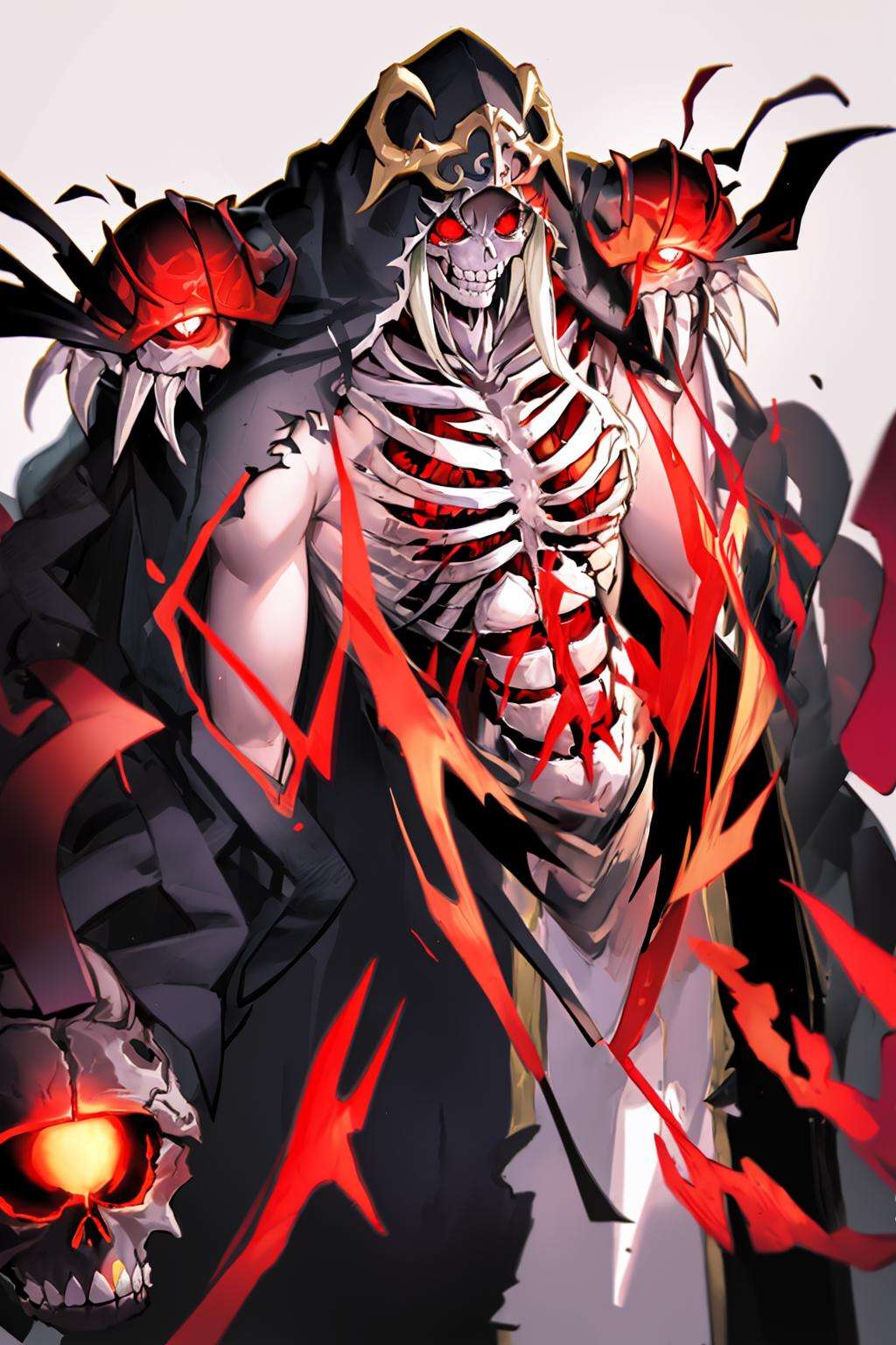 masterpiece, best quality, skeleton mage,lich,  skull, red eyes, glowing eyes, hood, skull, ribs, robe, skeleton, skull, solo, torn clothes, undead, grey background, simple background