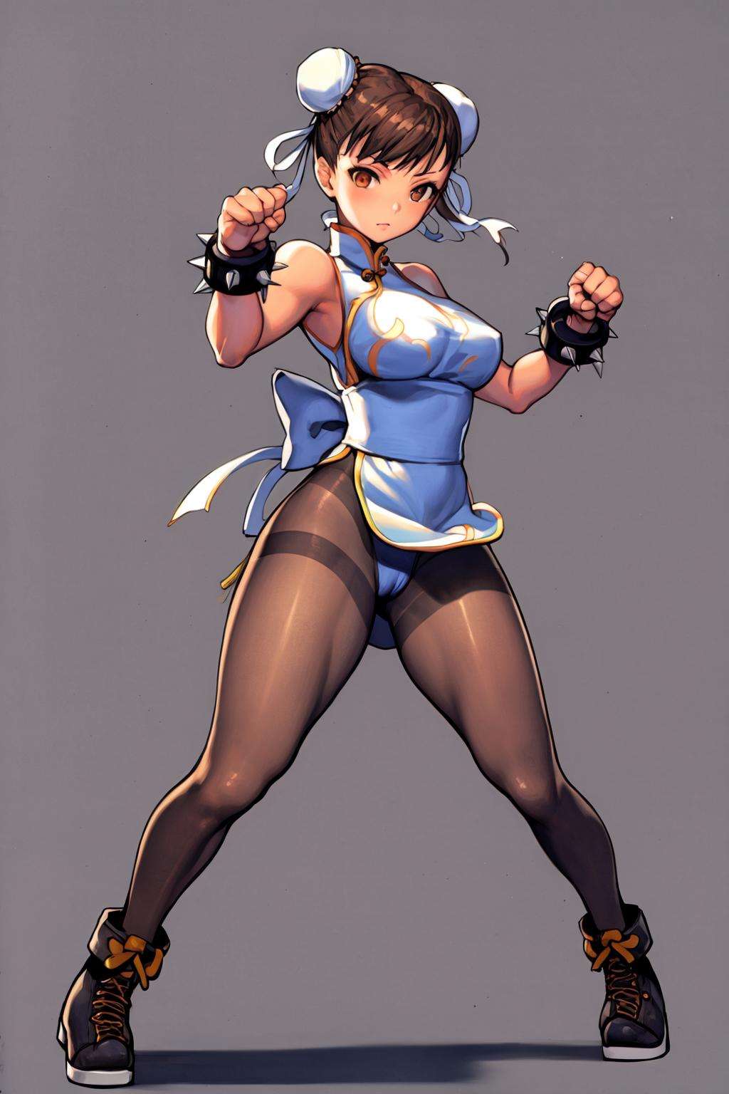 masterpiece, beautiful, 1girl, Chun li, street fighter, boots, bracelet, brown eyes, brown hair, brown pantyhose, bun cover, blue china dress, chinese clothes. cross-laced footwear, double bun, dress, fighting stance, full body, hair bun, jewelry, pantyhose, pelvic curtain, sash, short hair, solo, spiked bracelet, spikes, blue dress, dojo background