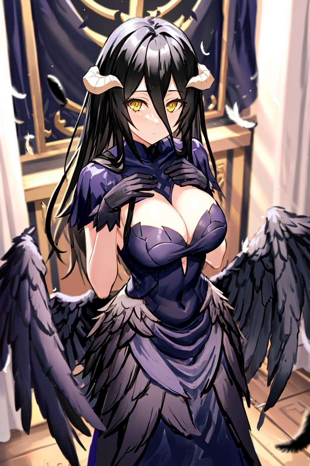masterpiece, best quality, 1girl, albedo \(overlord\),  black feathers, black hair, black wings, breasts, cleavage, demon girl, white horns,  dress, feathered wings, feathers, gloves, hair between eyes, looking at viewer, low wings, yellow eyes, bedroom background
