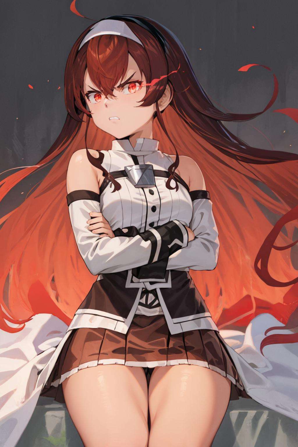 masterpiece, best quality, eris greyrat, 1girl, red flaming eye, red eye trail, flaming eye, eye trail, red eye, (angry), ahoge, bangs, bare shoulders, black hairband, brown skirt, clothing cutout, crossed arms, hair between eyes, hairband, long hair, long sleeves, looking at viewer, red eyes, red hair, shoulder cutout, simple background, skirt, solo, mushoku tensei<lora:erisMushokuTensei_v1:1>