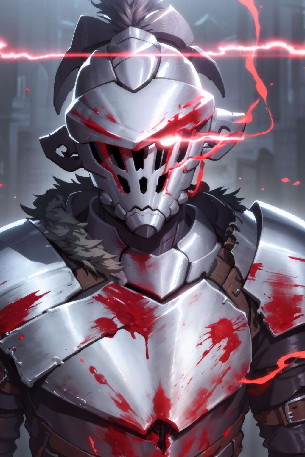 masterpiece, best quality, portrait of goblin slayer, 1boy, flaming eye, armor, helmet, black armor, blood, full armor, glowing, glowing eye, helmet, knight, male focus, plume, solo