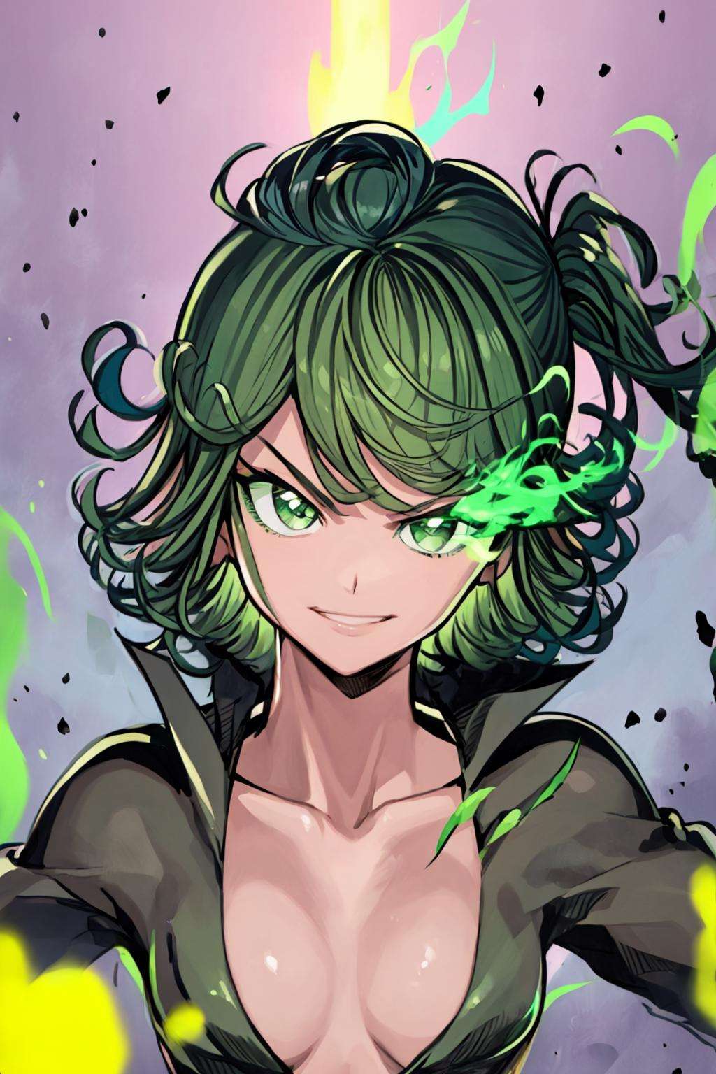 masterpiece, best quality, portrait of tatsumaki, green eyes, green flaming eye, green eye trail, flaming eye, eye trail, smug  <lora:tatsumaki:0.8>