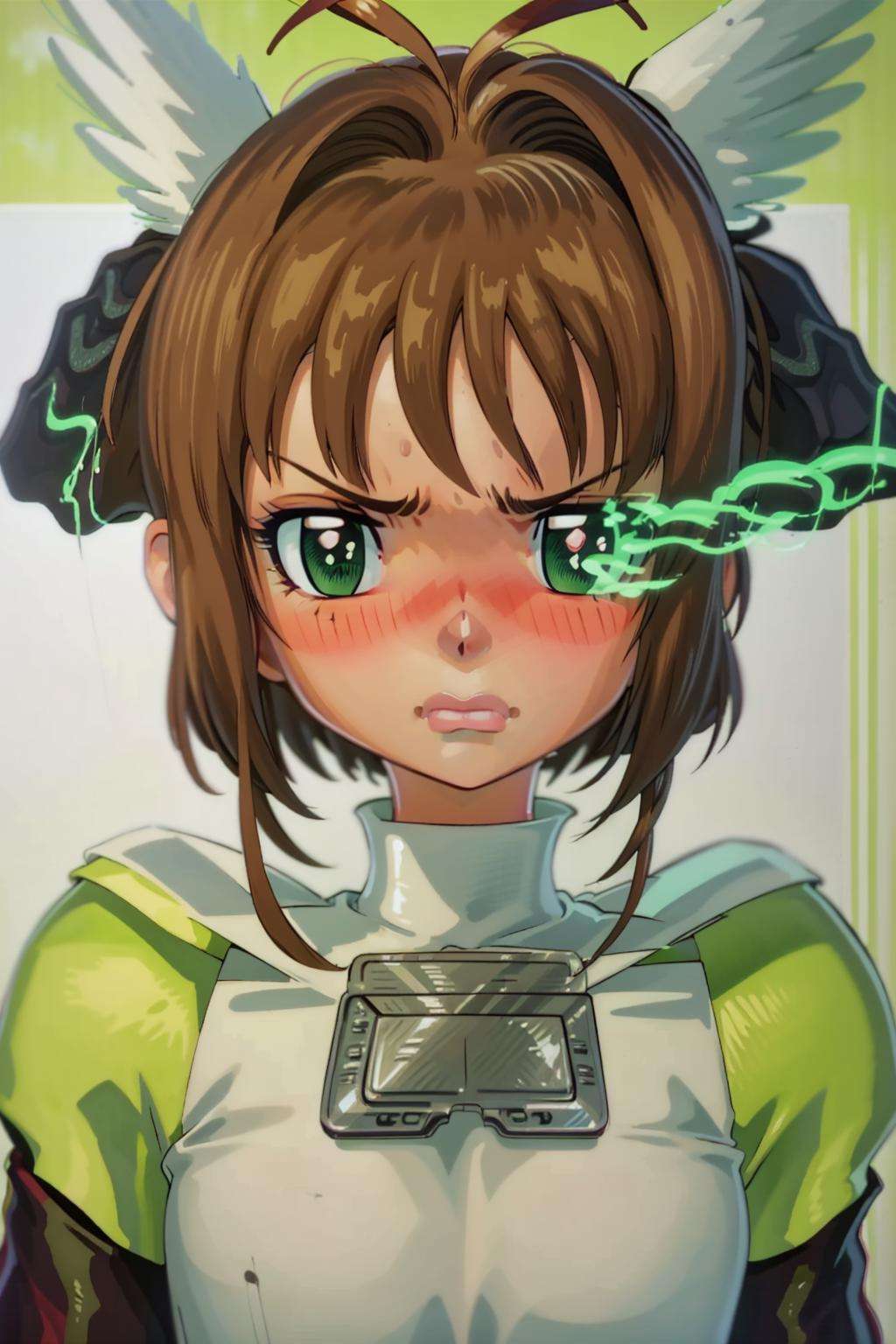 masterpiece, highres, upper body portrait, kinomoto_sakura, 1girl, angry, green starry eyes, blush, magical girl,  green flaming eye, green eye trail, flaming eye, eye trail, marker \(medium\), traditional media <lora:FlamingEye:1>  <lora:cardcaptorSakura_sakuraEpoch6:0.80>   <lora:OmarDogan_08v2:0.9>