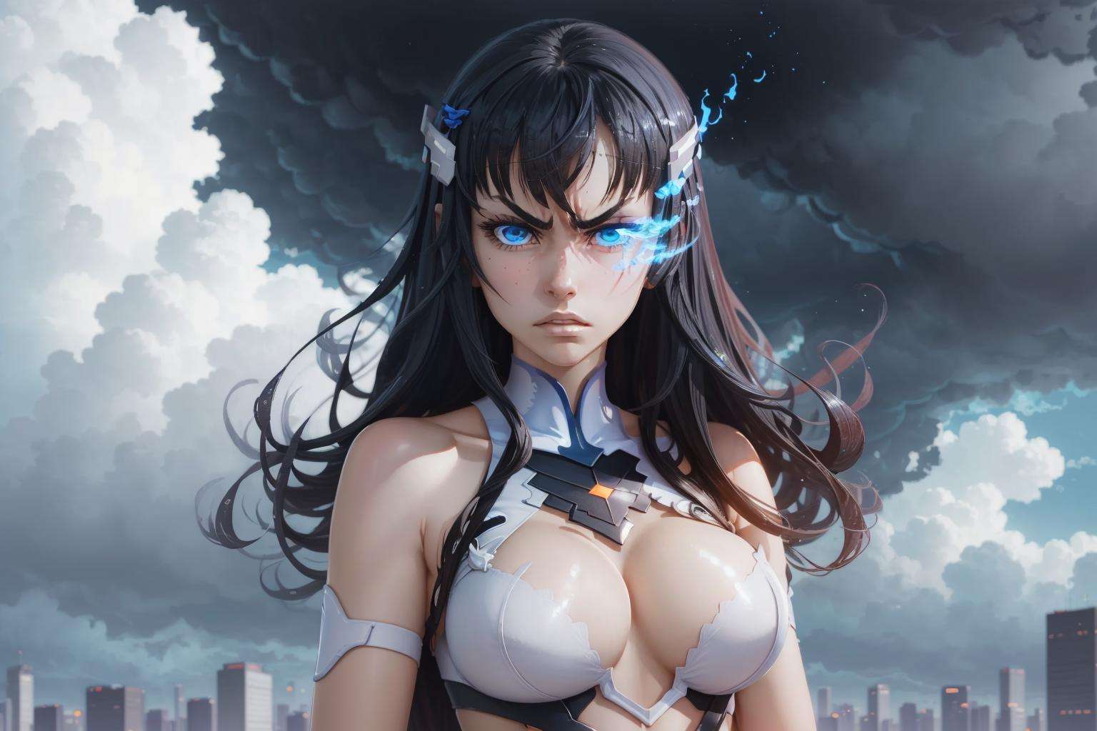 (extremely detailed CG unity 8k wallpaper:1.2), (best shadow), soft lighting, HDR, (illustration),BREAK1girl, kiryuin satsuki, solo, urban city, stormy skies, junketsu, revealing clothes, clothing cutout, cleavage cutout, white panties, white thighhighs, black hair, long hair, straight hair, (black sclera:0.5), (blue eyes:1.2), angry, asymmetrical bangs, cowboy shot,  blue flaming eye, flaming eye, eye trail, <lora:raitai:0.3> <lora:gao_e8:0.3>  <lora:kiryuinSatsukiKillLa_kiryuinsatsuki:0.5> <lora:FlamingEye:0.8>