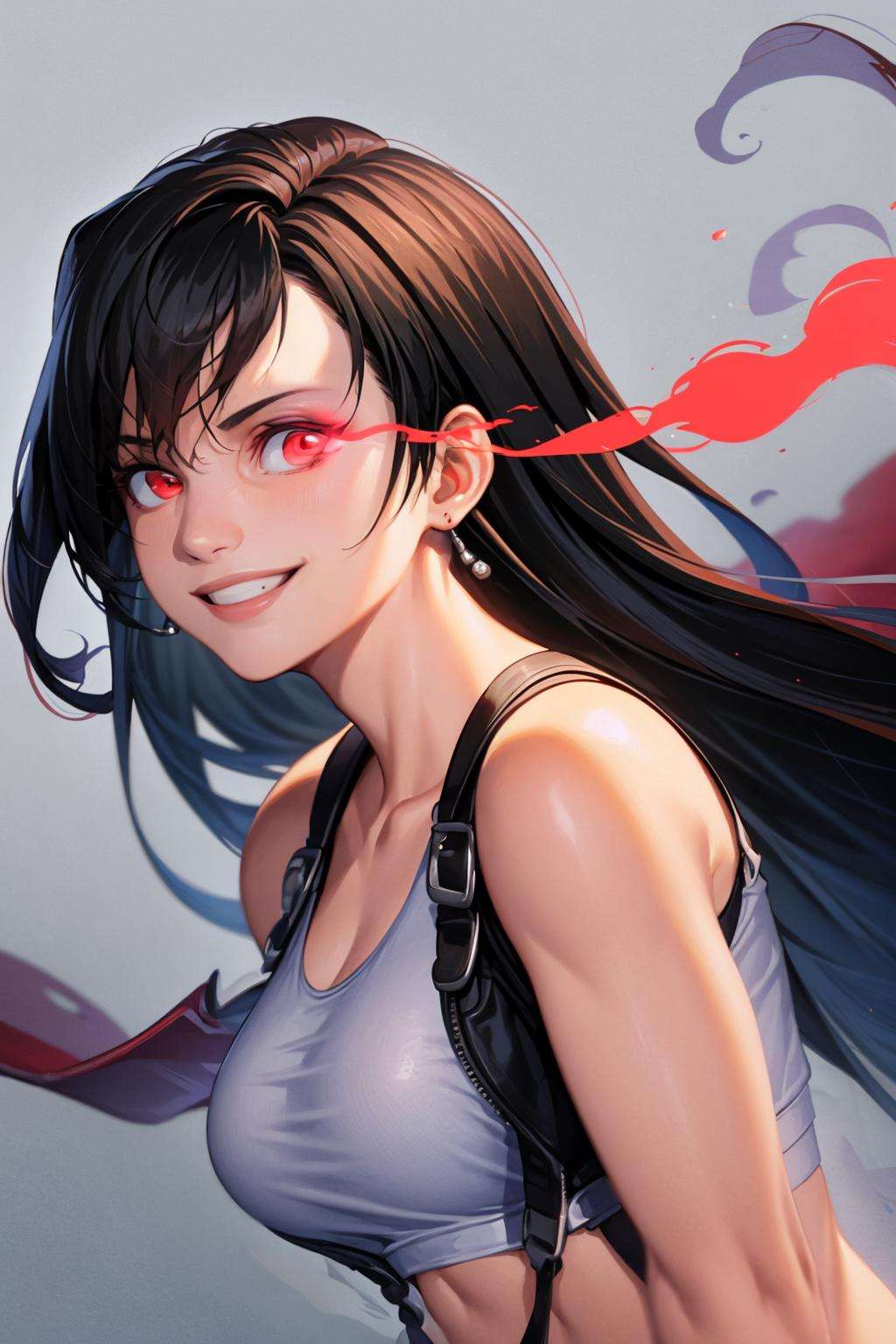 masterpiece, best quality, portrait of  tifa lockhart, 1girl, solo,  red flaming eye, red eye trail, flaming eye, eye trail, red eye, smile, black hair, long hair