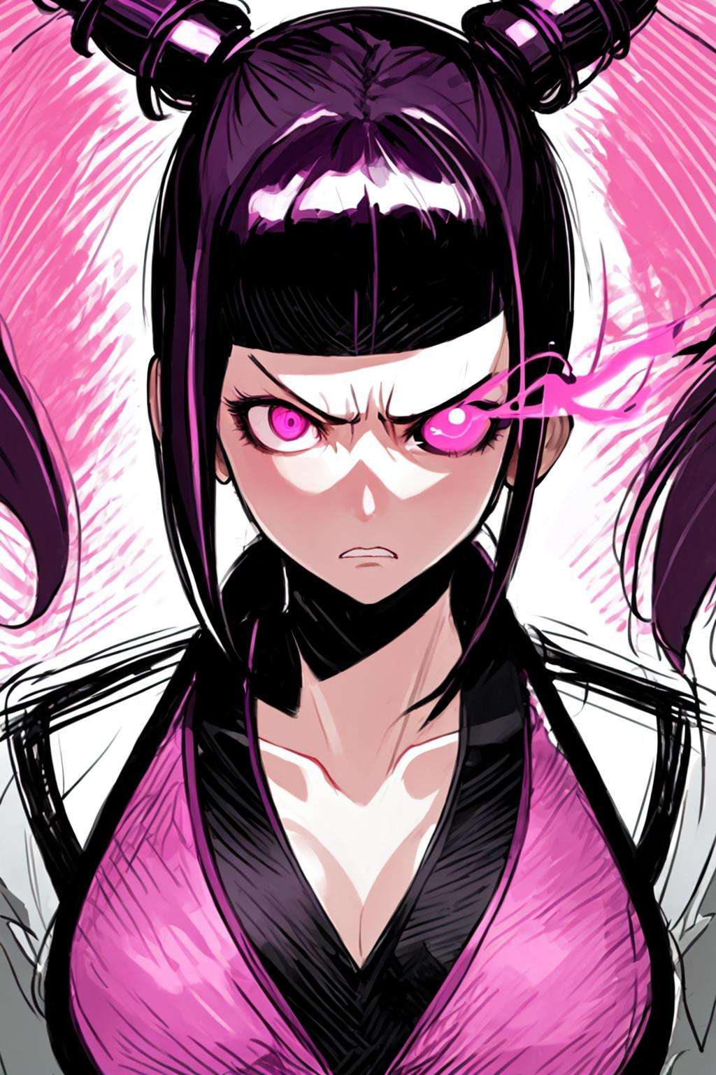 masterpiece, best quality, highly detailed, (portrait of juri han standing up), pink eyes, pink flaming eye, pink eye trail, flaming eye, eye trail  street fighter, 1girl, solo, asymmetric, view from above , (glowing eyes:0.3), pissed off , (sketch:0.8), simple background