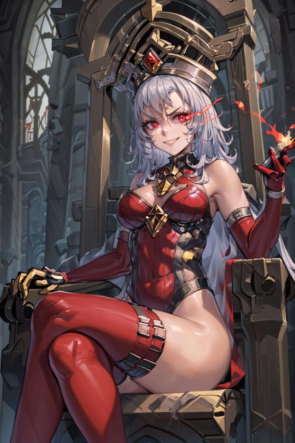 masterpiece, best quality, portrait of  sally whitemane, 1girl, solo,  red flaming eye, red eye trail, flaming eye, eye trail, red eye, sitting on a throne, crossed legs, leotard, thighhighs, elbow gloves, runny makeup, pelvic curtain, sandistic smile, stone throne, cathedral, heels <lora:SWhitemane8:0.6>