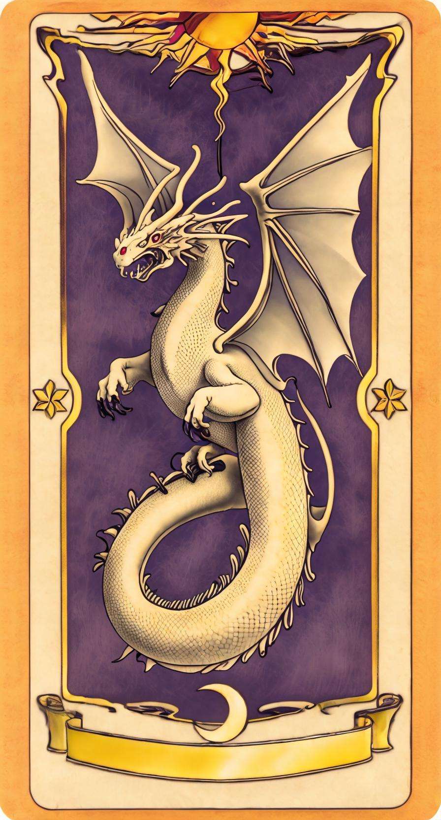 masterpiece, best quality,  creature, fire dragon, wind, no humans, card, solo, tarot  <lora:ClowCard_NoText:1>  