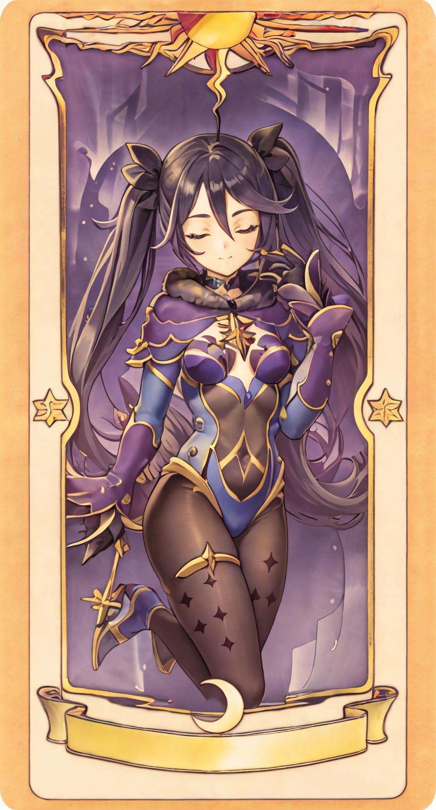 masterpiece, best quality, 1girl, genshinmona, eyes closed, card, solo, tarot  <lora:genshinmona_v2_e5:0.8>  <lora:ClowCard_NoText:0.8>