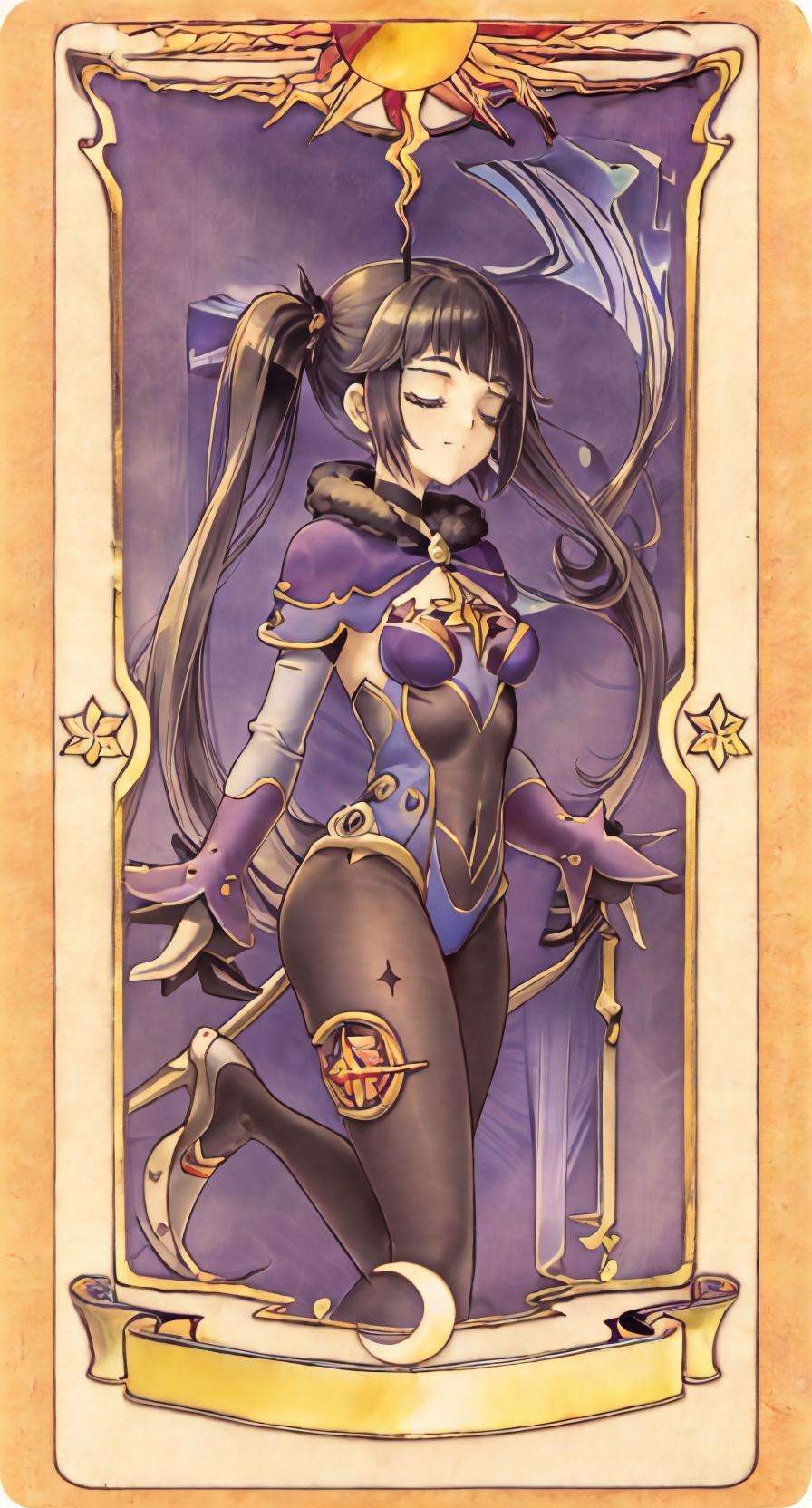 masterpiece, best quality, 1girl, genshinmona, closed eyes, standing, card, solo, tarot  <lora:genshinmona_v2_e5:0.8>  <lora:ClowCard_NoText:1>