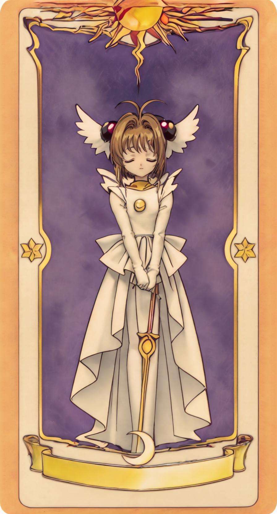 masterpiece, best quality, 1girl,  kinomoto_sakura, closed eyes, standing, v arms, card, solo, tarot  <lora:ClowCard_NoText:0.8> <lora:sakuraKinomoto_sakuraV2Epoch6:0.8>